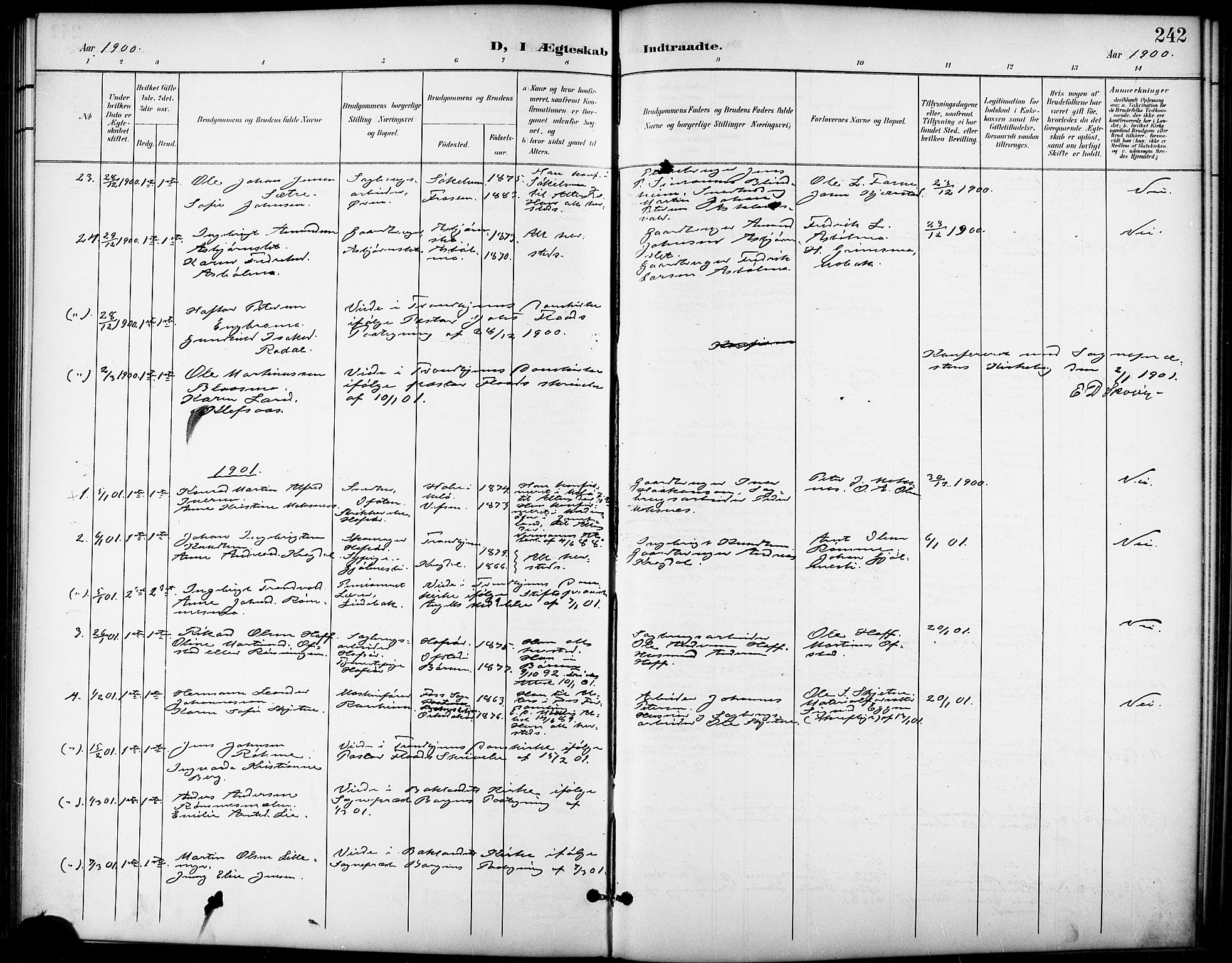 Ministerialprotokoller, klokkerbøker og fødselsregistre - Sør-Trøndelag, SAT/A-1456/668/L0819: Parish register (copy) no. 668C08, 1899-1912, p. 242