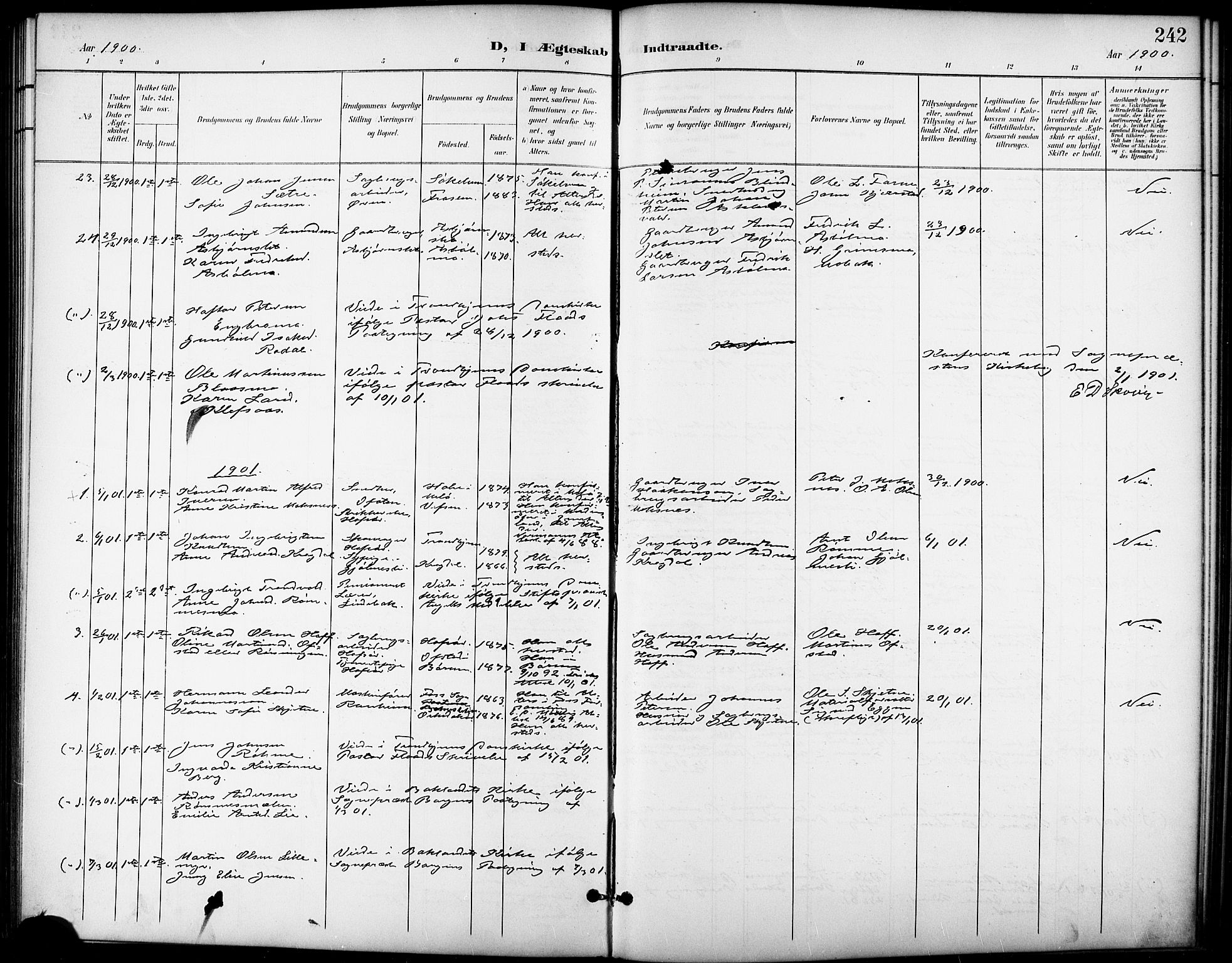 Ministerialprotokoller, klokkerbøker og fødselsregistre - Sør-Trøndelag, AV/SAT-A-1456/668/L0819: Parish register (copy) no. 668C08, 1899-1912, p. 242