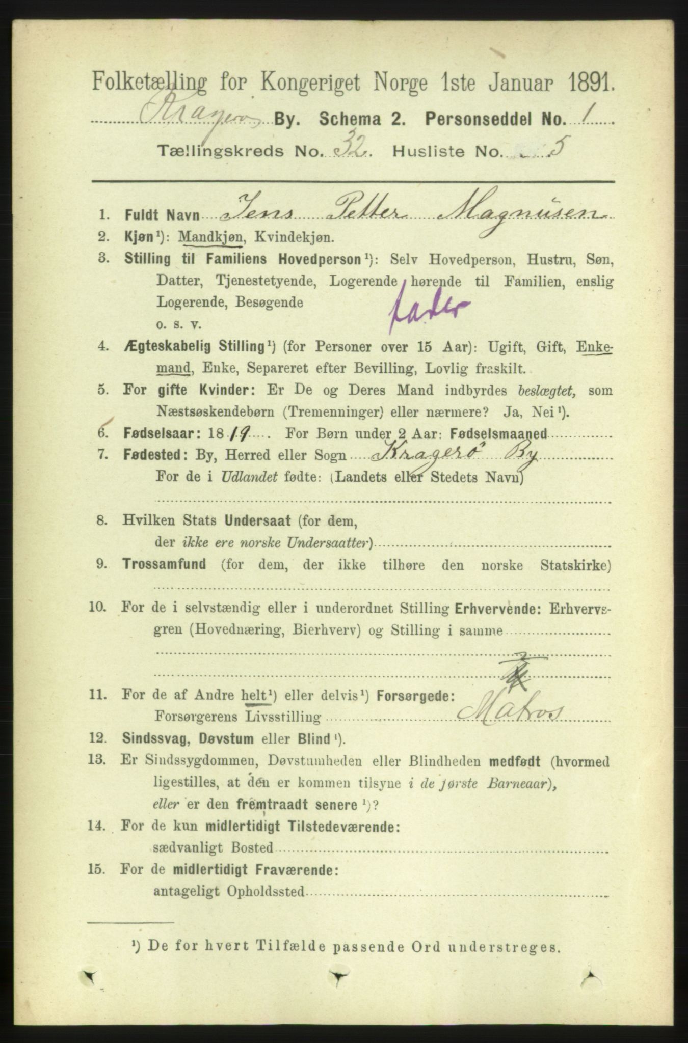 RA, 1891 census for 0801 Kragerø, 1891, p. 5809