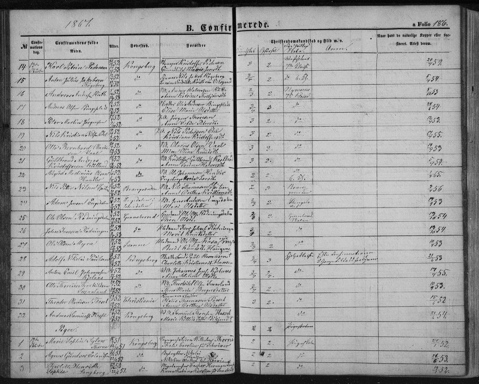 Kongsberg kirkebøker, AV/SAKO-A-22/F/Fa/L0010: Parish register (official) no. I 10, 1859-1875, p. 186