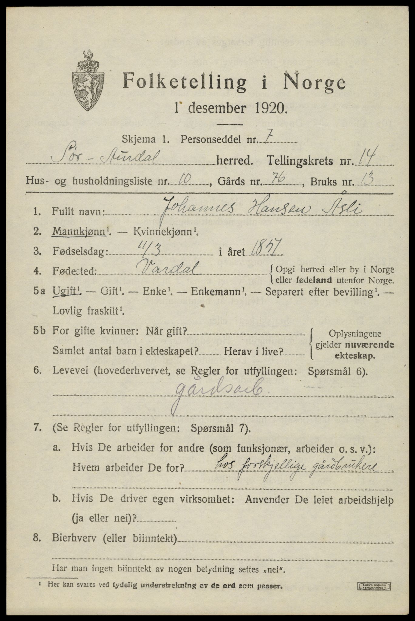 SAH, 1920 census for Sør-Aurdal, 1920, p. 8139