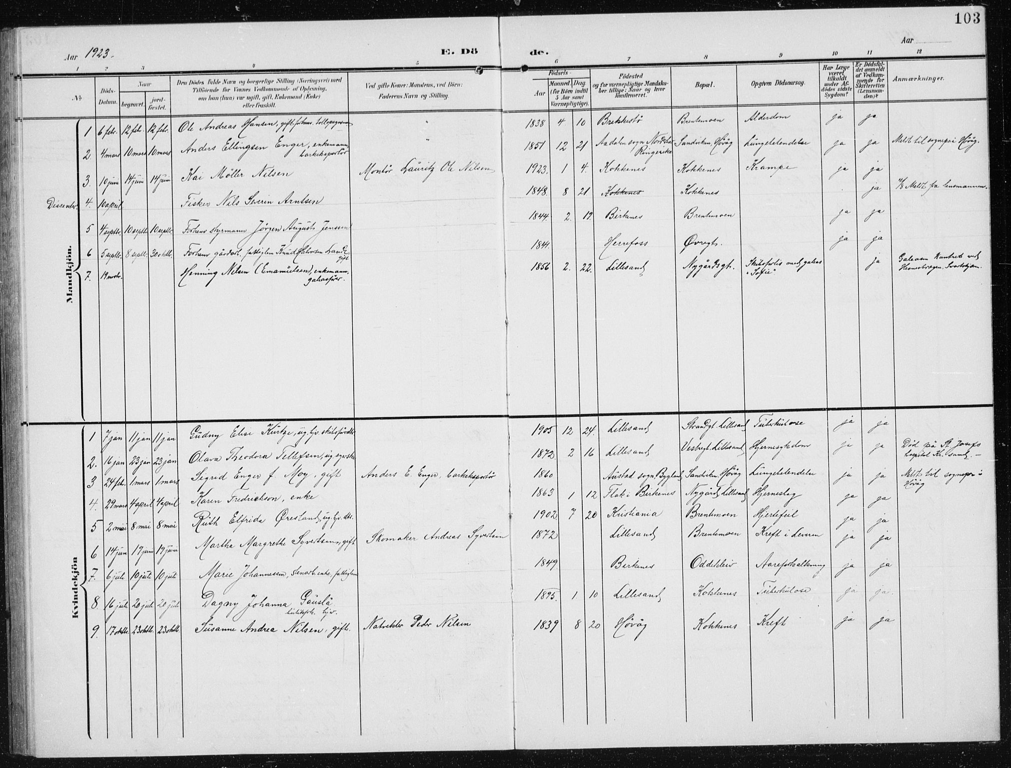 Vestre Moland sokneprestkontor, SAK/1111-0046/F/Fb/Fba/L0002: Parish register (copy) no. B 2, 1904-1934, p. 103