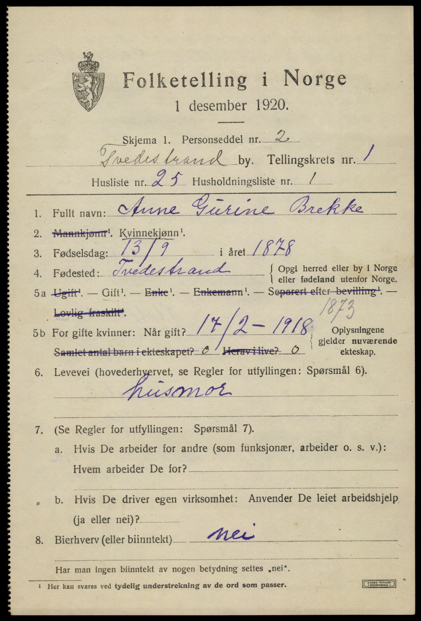 SAK, 1920 census for Tvedestrand, 1920, p. 1549