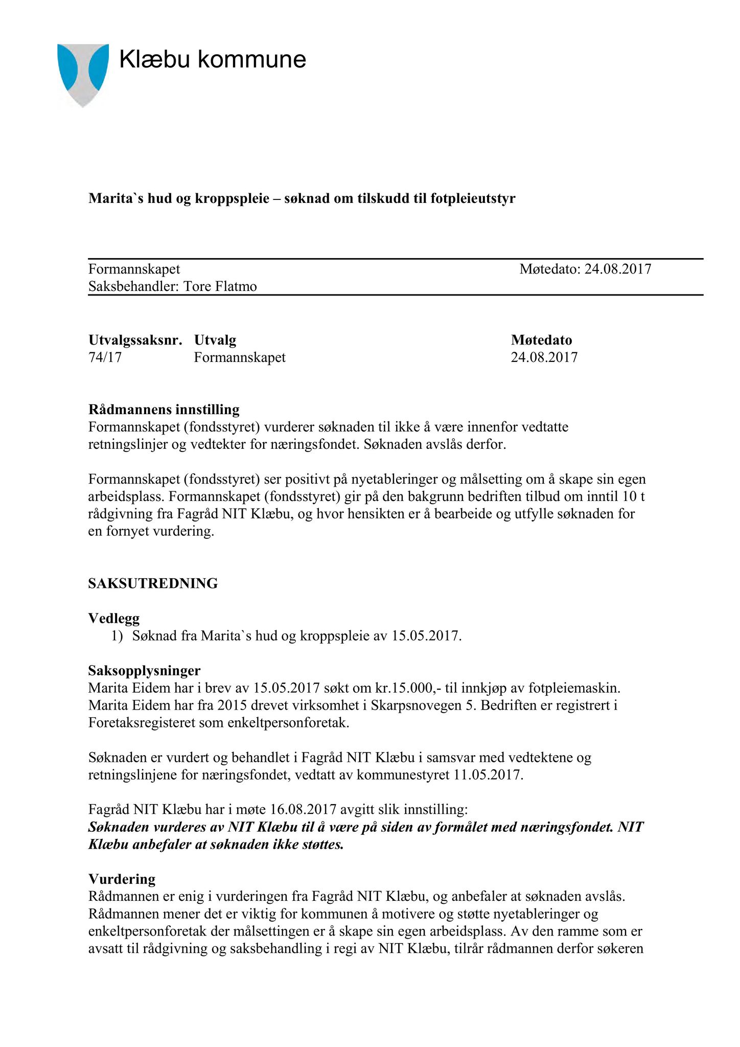 Klæbu Kommune, TRKO/KK/02-FS/L010: Formannsskapet - Møtedokumenter, 2017, p. 2023