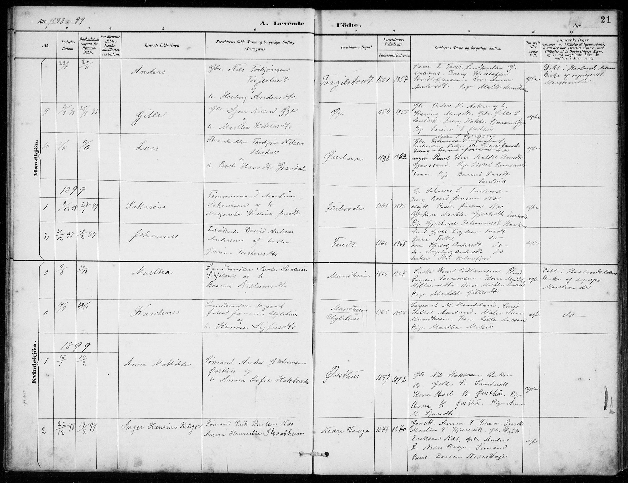 Strandebarm sokneprestembete, SAB/A-78401/H/Hab: Parish register (copy) no. C  1, 1891-1913, p. 21