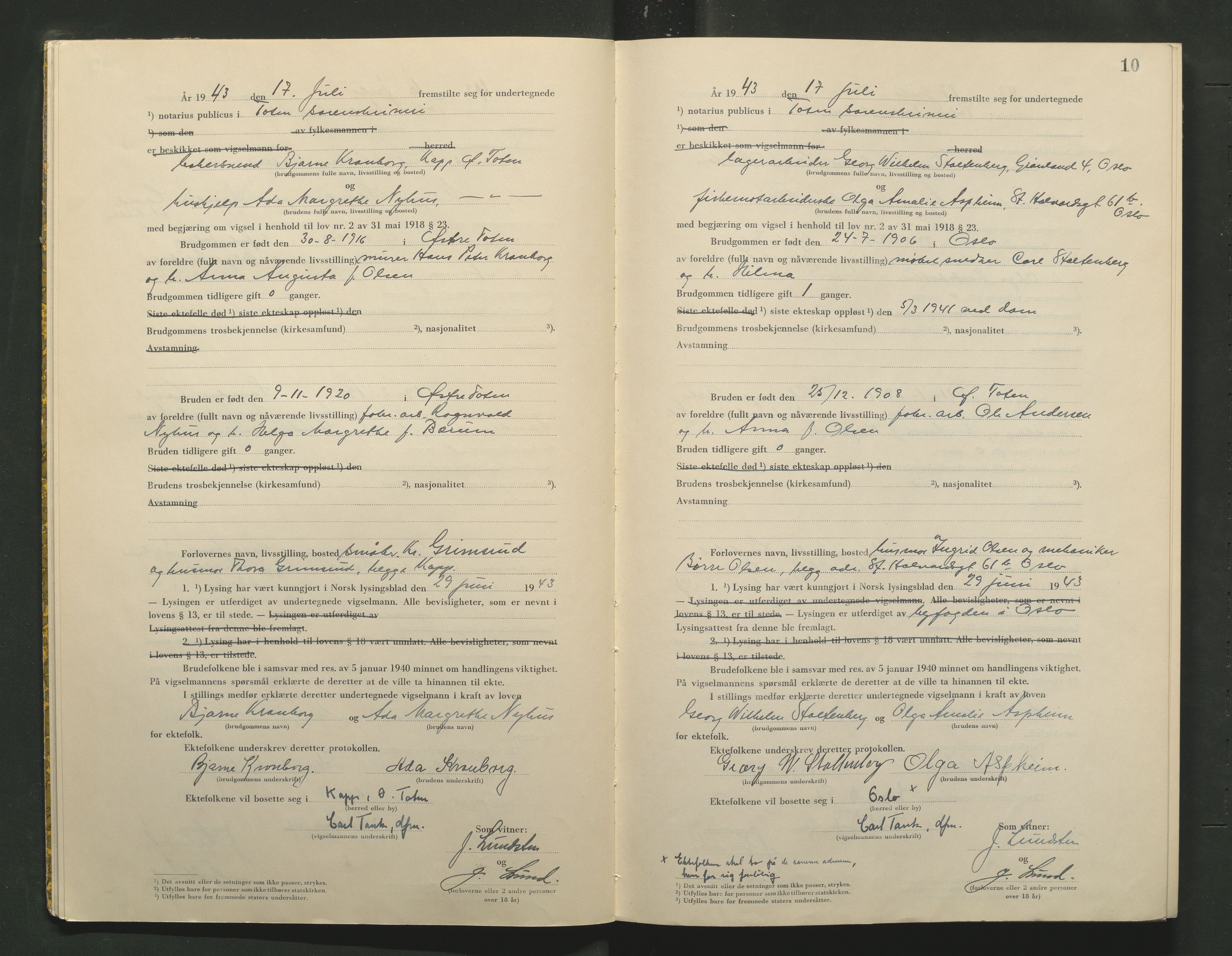 Toten tingrett, AV/SAH-TING-006/L/Lc/L0003: Vigselbok, 1943-1944, p. 10