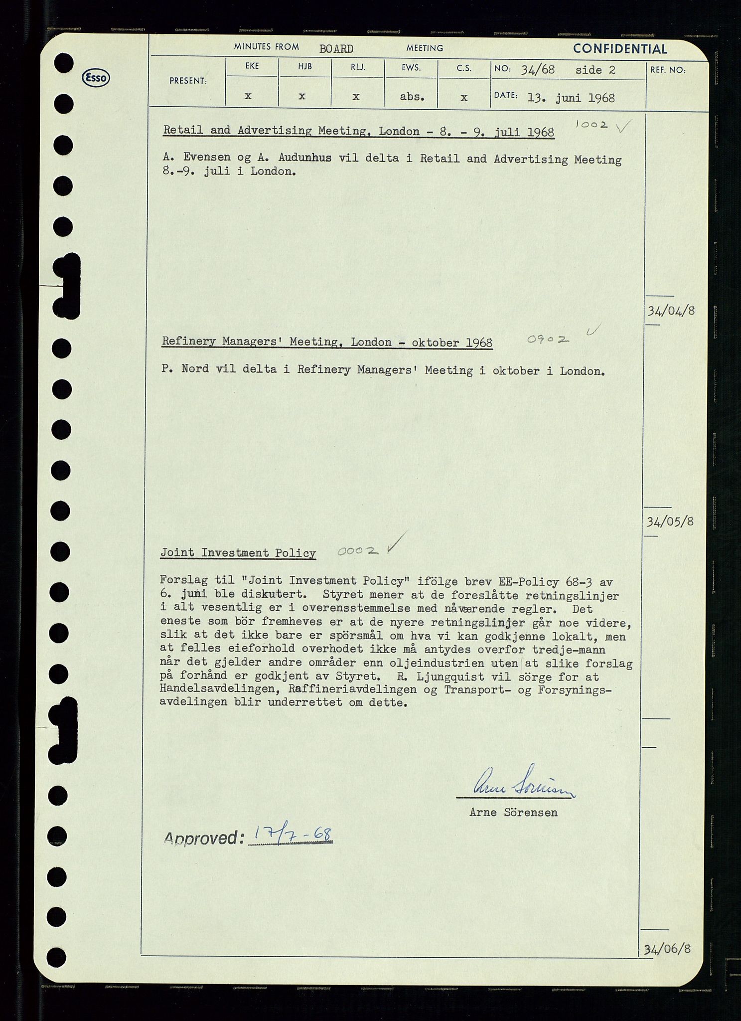 Pa 0982 - Esso Norge A/S, SAST/A-100448/A/Aa/L0002/0004: Den administrerende direksjon Board minutes (styrereferater) / Den administrerende direksjon Board minutes (styrereferater), 1968, p. 56