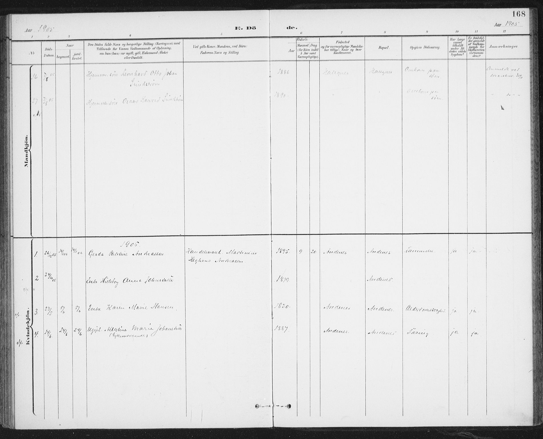 Ministerialprotokoller, klokkerbøker og fødselsregistre - Nordland, AV/SAT-A-1459/899/L1437: Parish register (official) no. 899A05, 1897-1908, p. 168