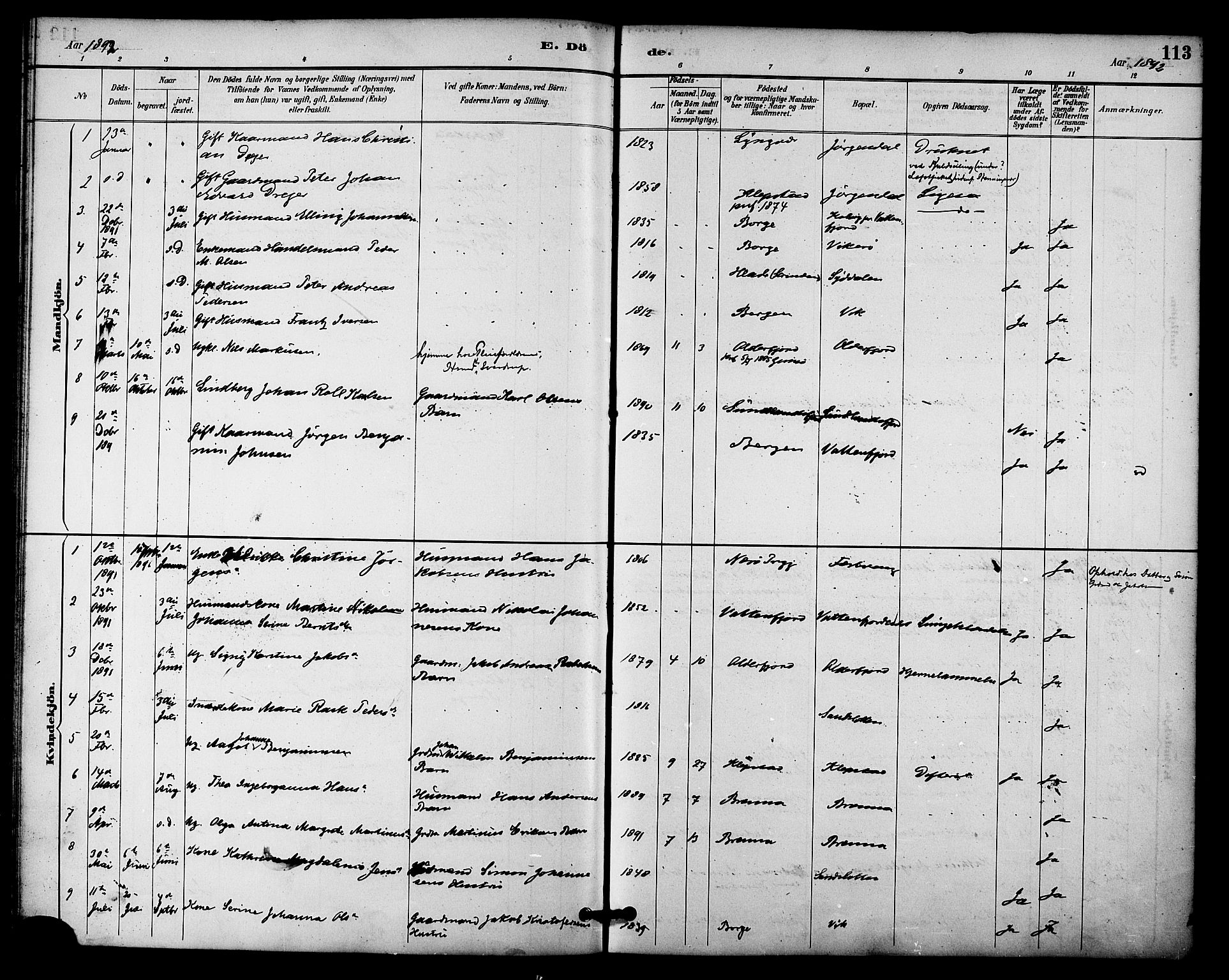 Ministerialprotokoller, klokkerbøker og fødselsregistre - Nordland, SAT/A-1459/876/L1097: Parish register (official) no. 876A03, 1886-1896, p. 113