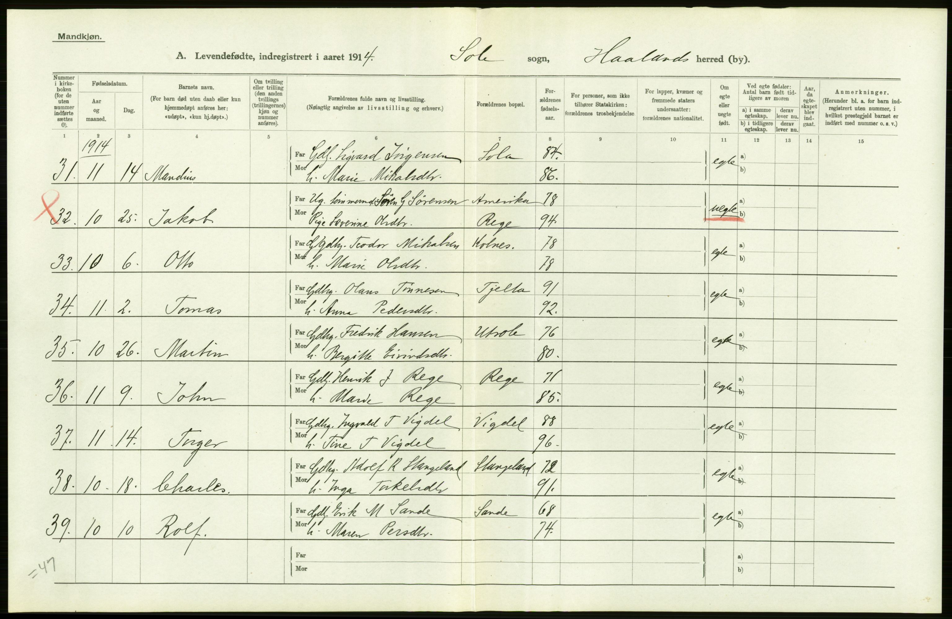 Statistisk sentralbyrå, Sosiodemografiske emner, Befolkning, AV/RA-S-2228/D/Df/Dfb/Dfbd/L0024: Stavanger amt: Levendefødte menn og kvinner. Bygder., 1914, p. 48