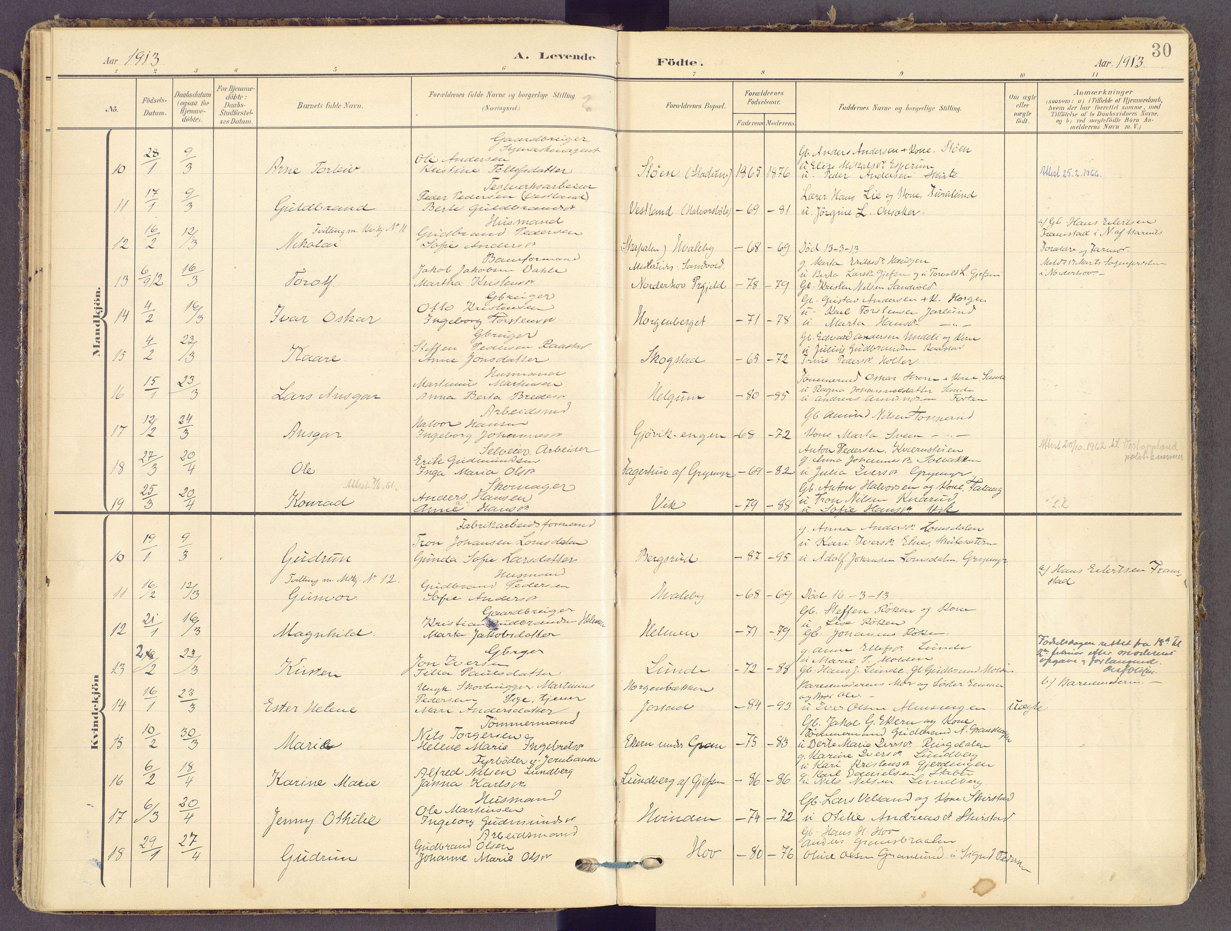 Gran prestekontor, SAH/PREST-112/H/Ha/Haa/L0021: Parish register (official) no. 21, 1908-1932, p. 30