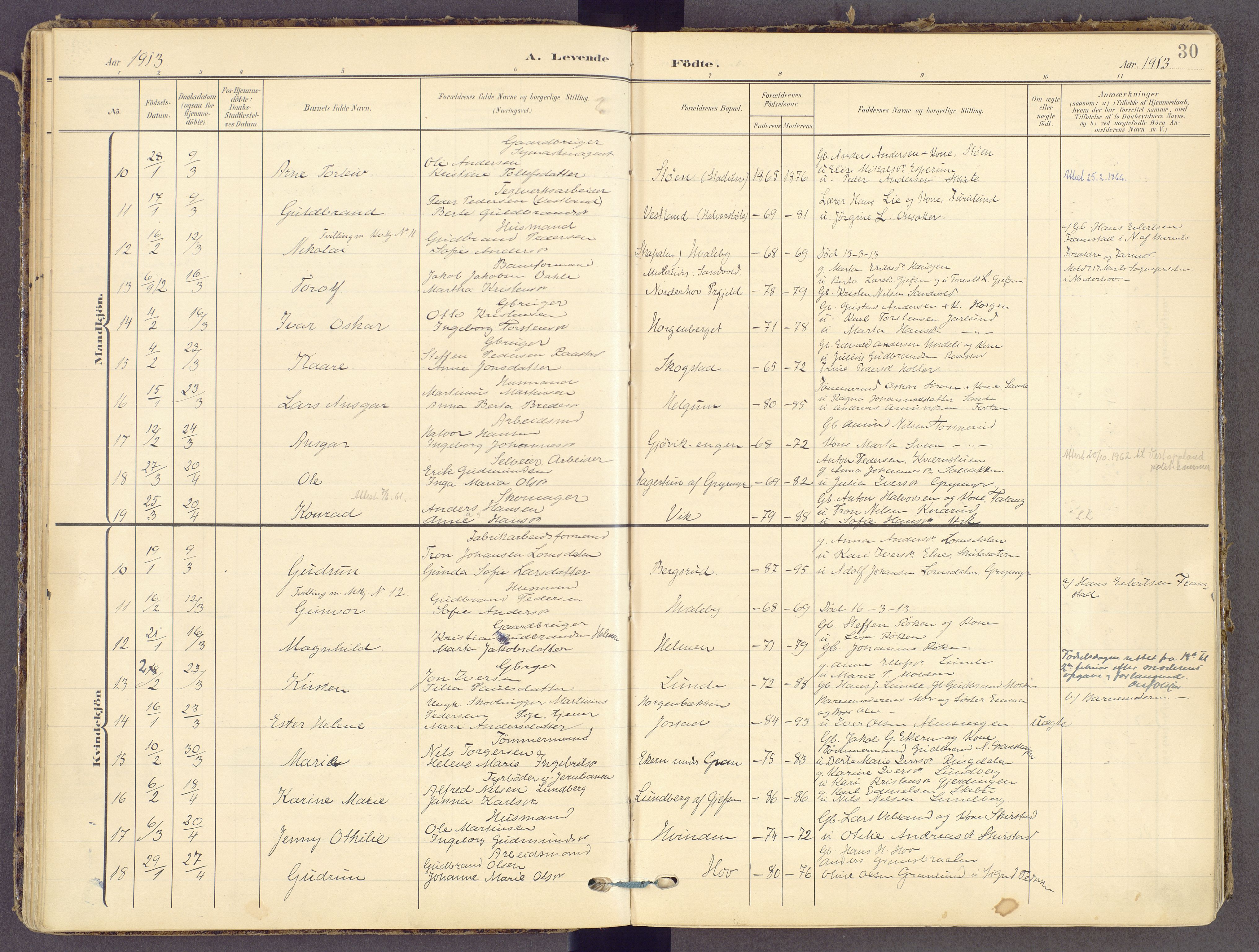 Gran prestekontor, AV/SAH-PREST-112/H/Ha/Haa/L0021: Parish register (official) no. 21, 1908-1932, p. 30