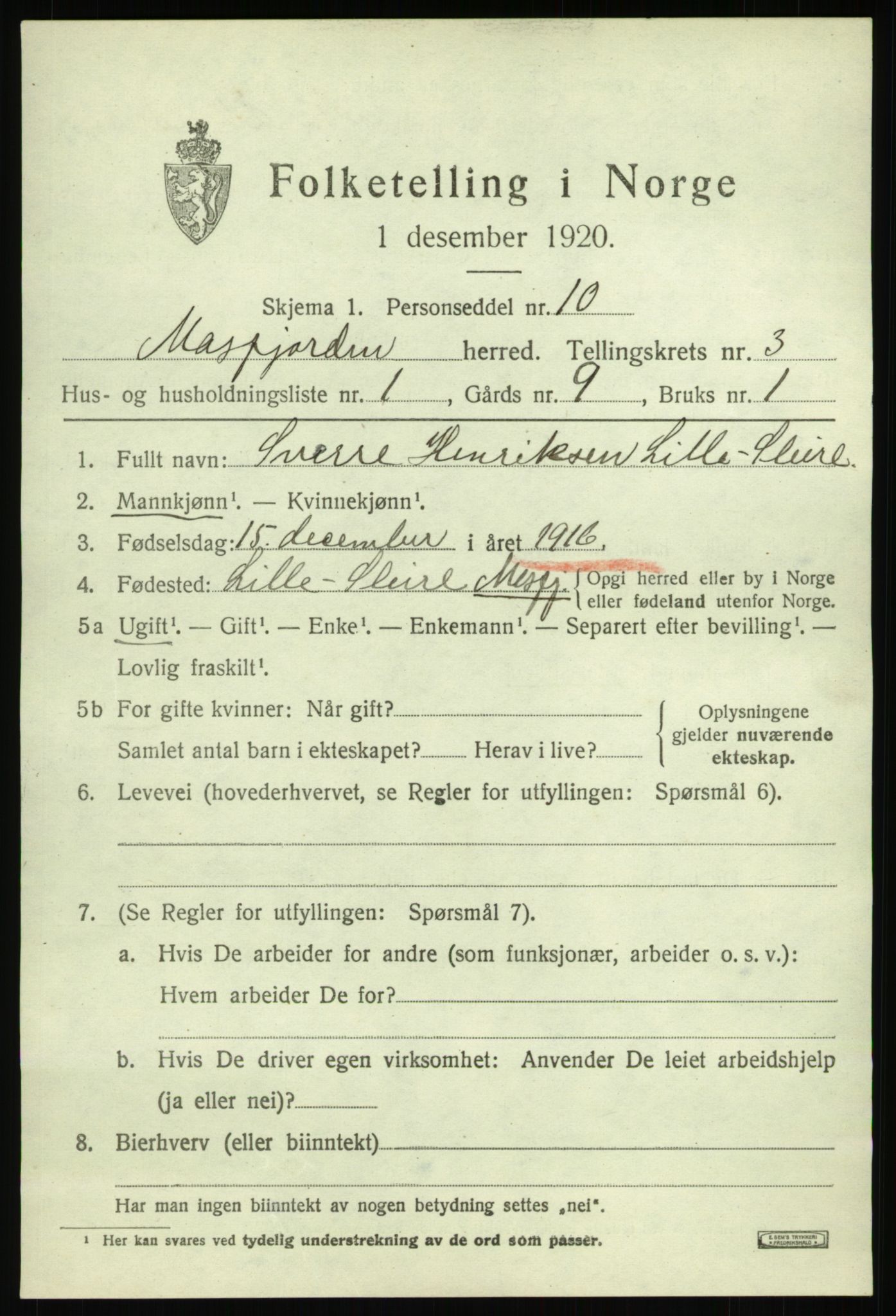 SAB, 1920 census for Masfjorden, 1920, p. 1403