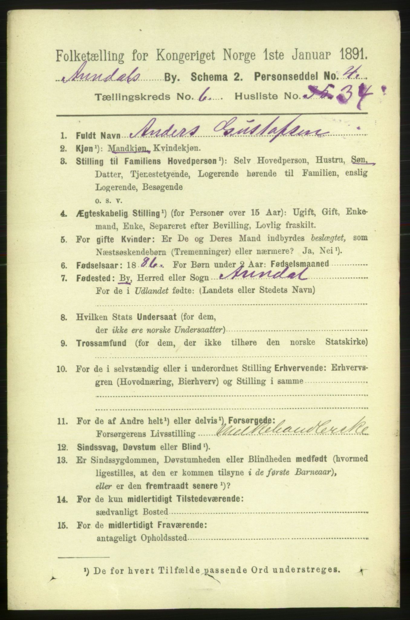 RA, 1891 census for 0903 Arendal, 1891, p. 2522