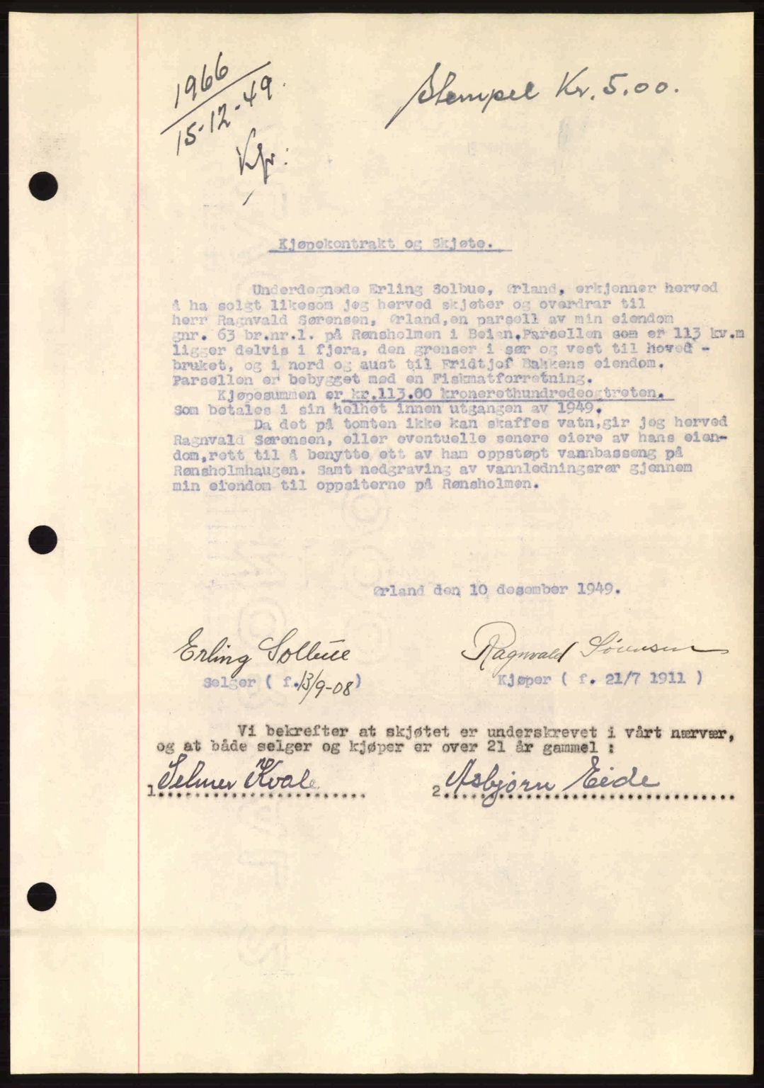 Fosen sorenskriveri, AV/SAT-A-1107/1/2/2C: Mortgage book no. A10, 1949-1950, Diary no: : 1966/1949
