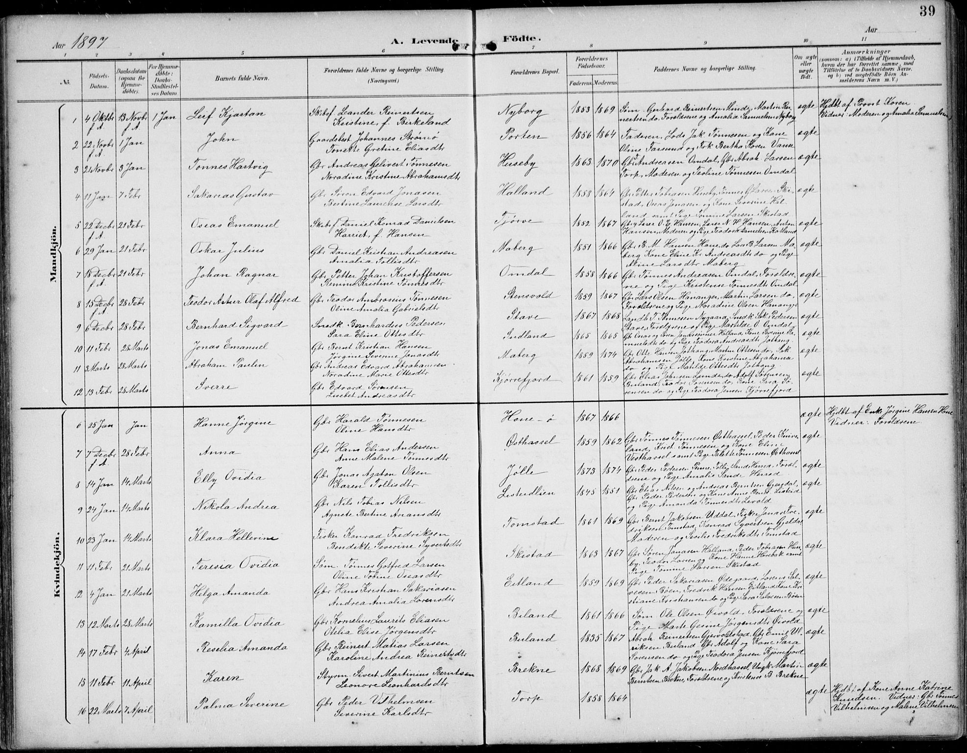 Lista sokneprestkontor, AV/SAK-1111-0027/F/Fb/L0005: Parish register (copy) no. B 5, 1892-1923, p. 39