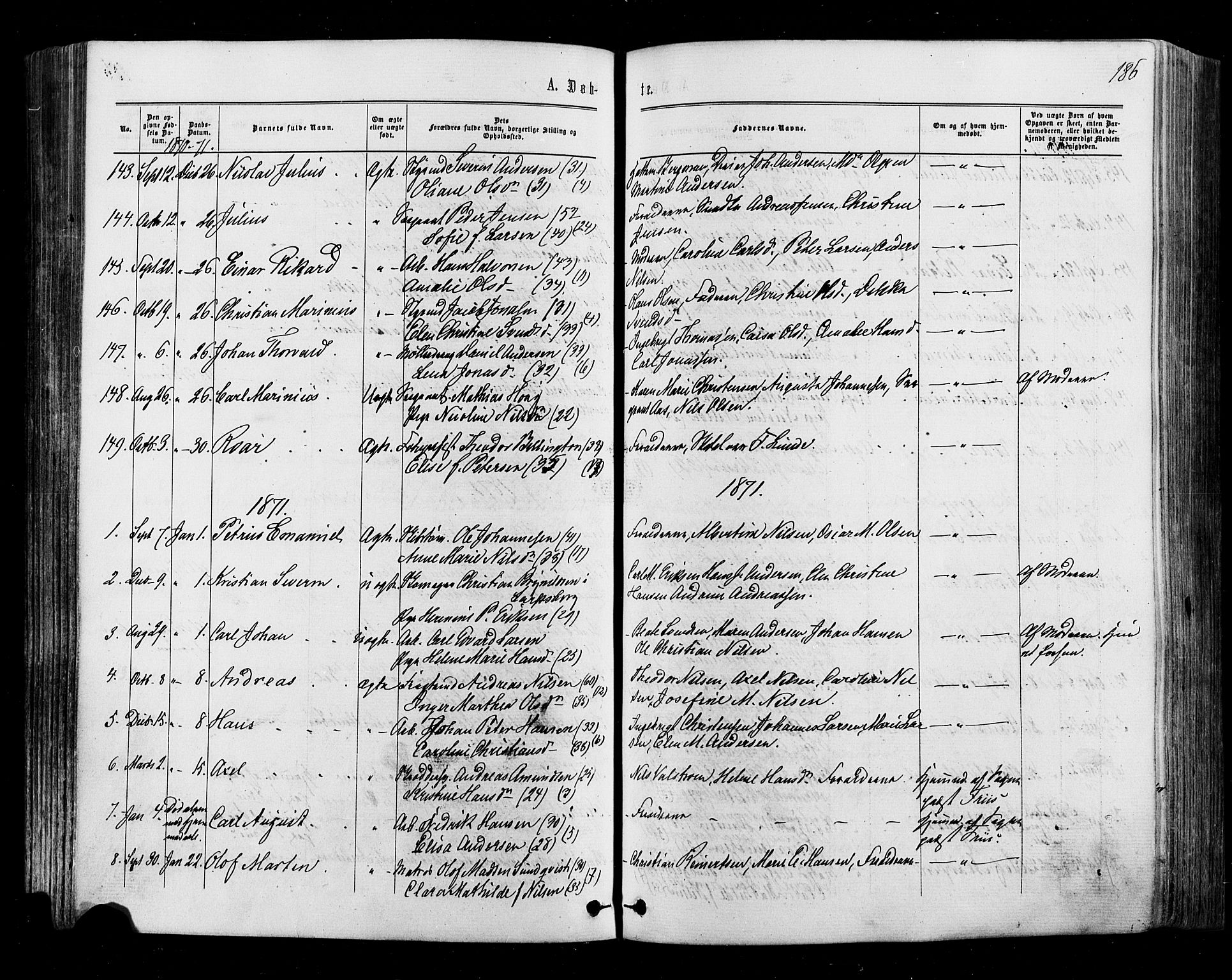 Halden prestekontor Kirkebøker, SAO/A-10909/F/Fa/L0009: Parish register (official) no. I 9, 1866-1877, p. 186