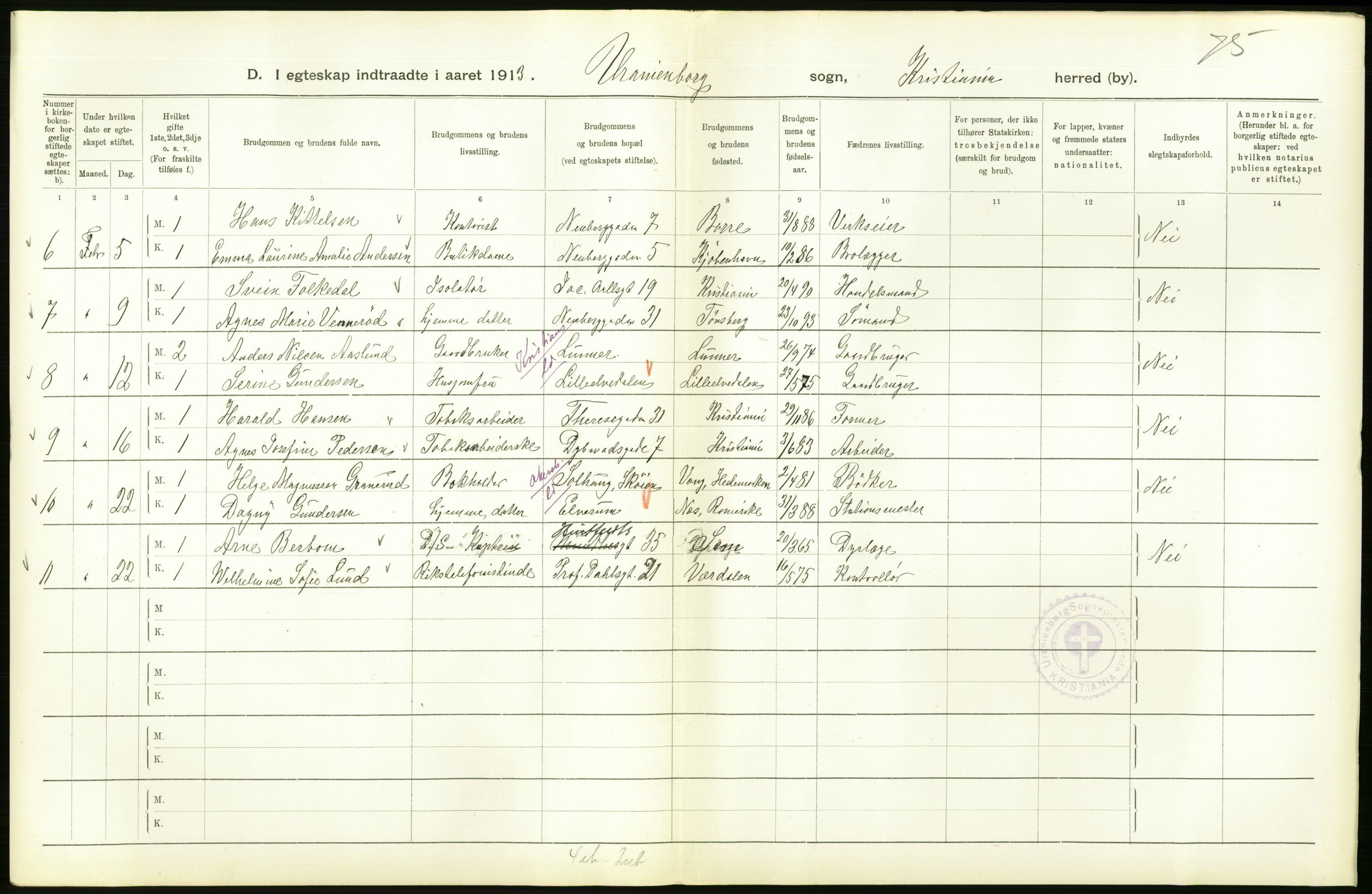 Statistisk sentralbyrå, Sosiodemografiske emner, Befolkning, AV/RA-S-2228/D/Df/Dfb/Dfbc/L0008: Kristiania: Gifte., 1913, p. 624