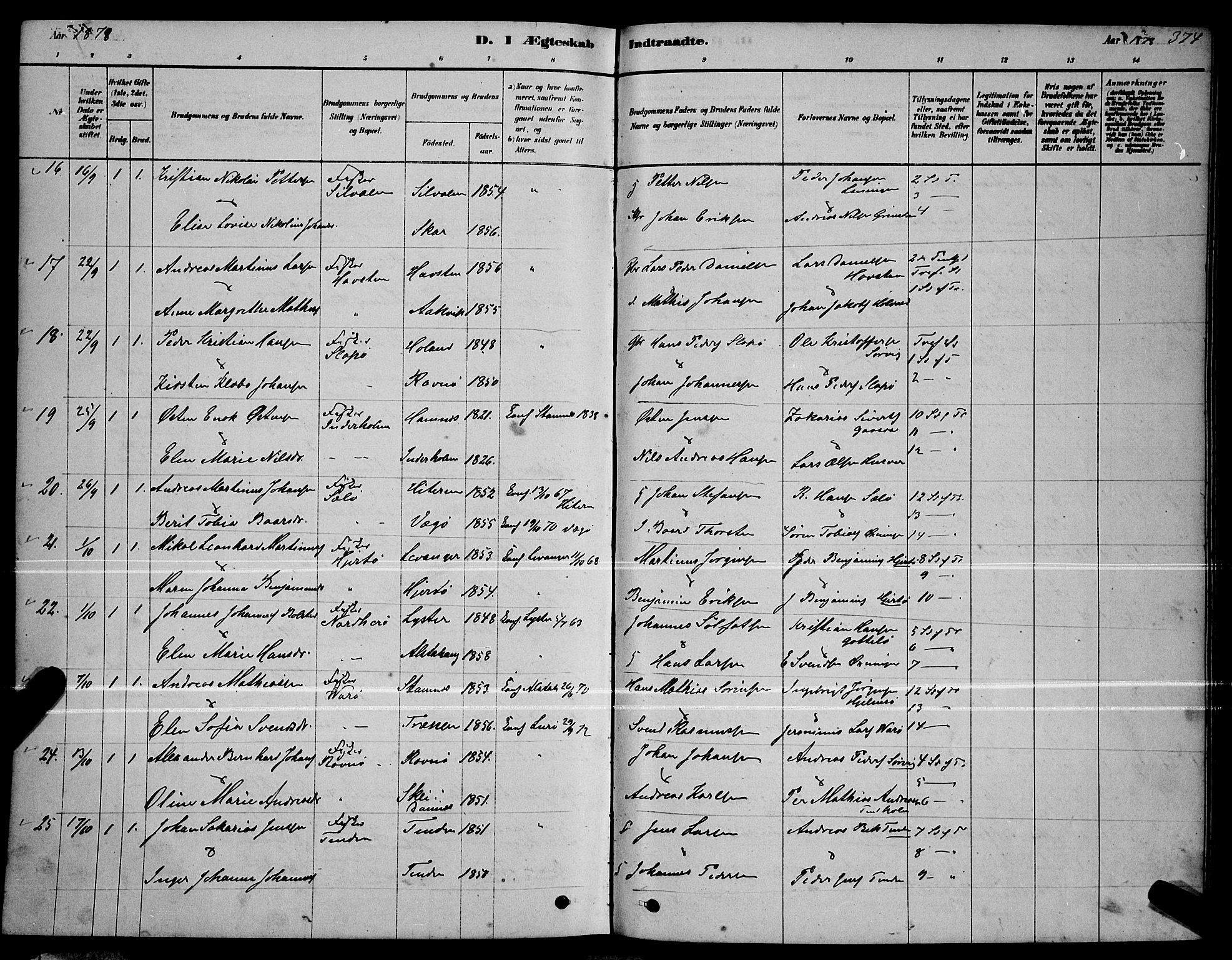 Ministerialprotokoller, klokkerbøker og fødselsregistre - Nordland, AV/SAT-A-1459/834/L0513: Parish register (copy) no. 834C04, 1877-1892, p. 374