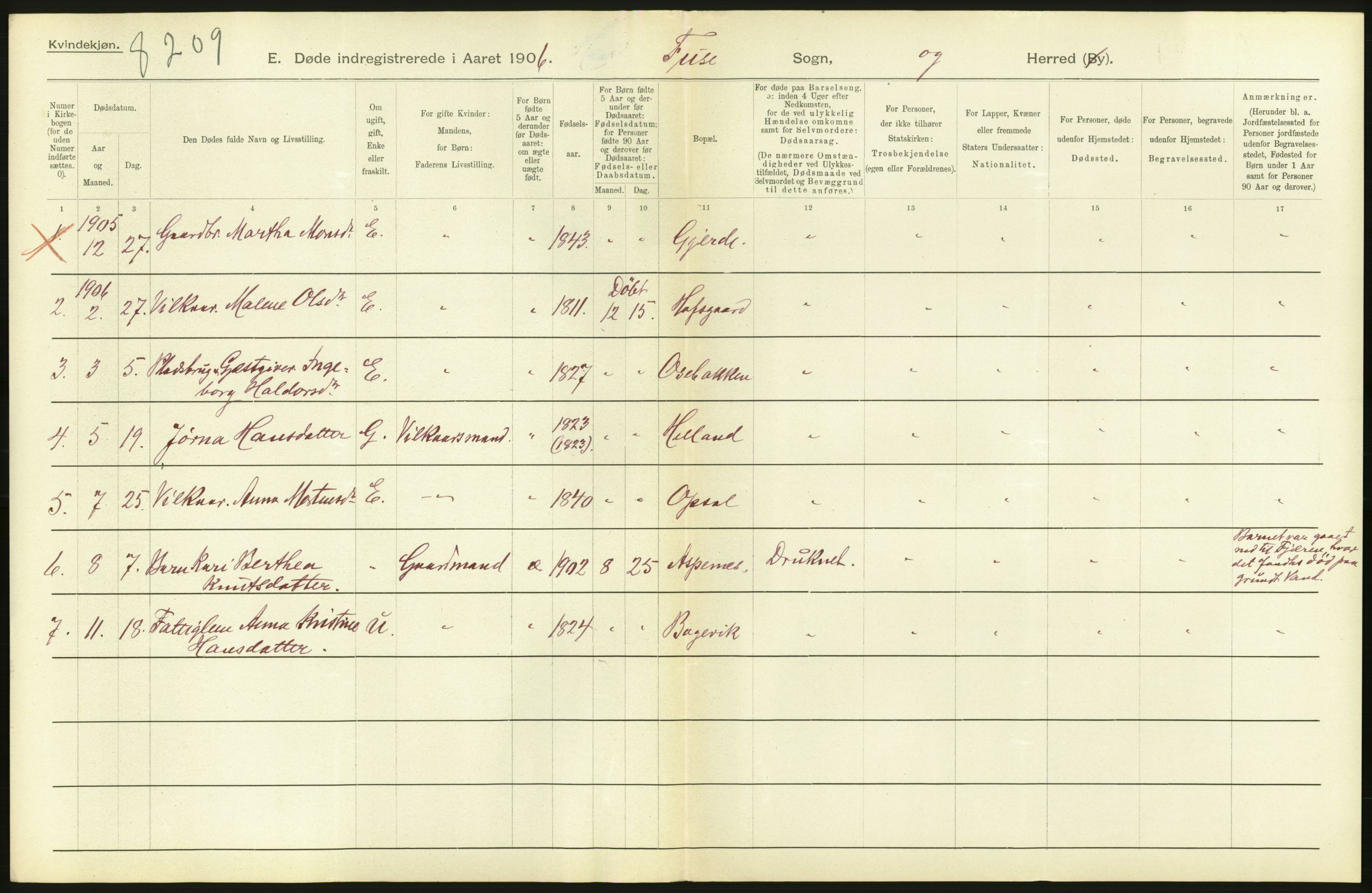 Statistisk sentralbyrå, Sosiodemografiske emner, Befolkning, AV/RA-S-2228/D/Df/Dfa/Dfad/L0030: S. Bergenhus amt: Døde. Bygder., 1906, p. 26