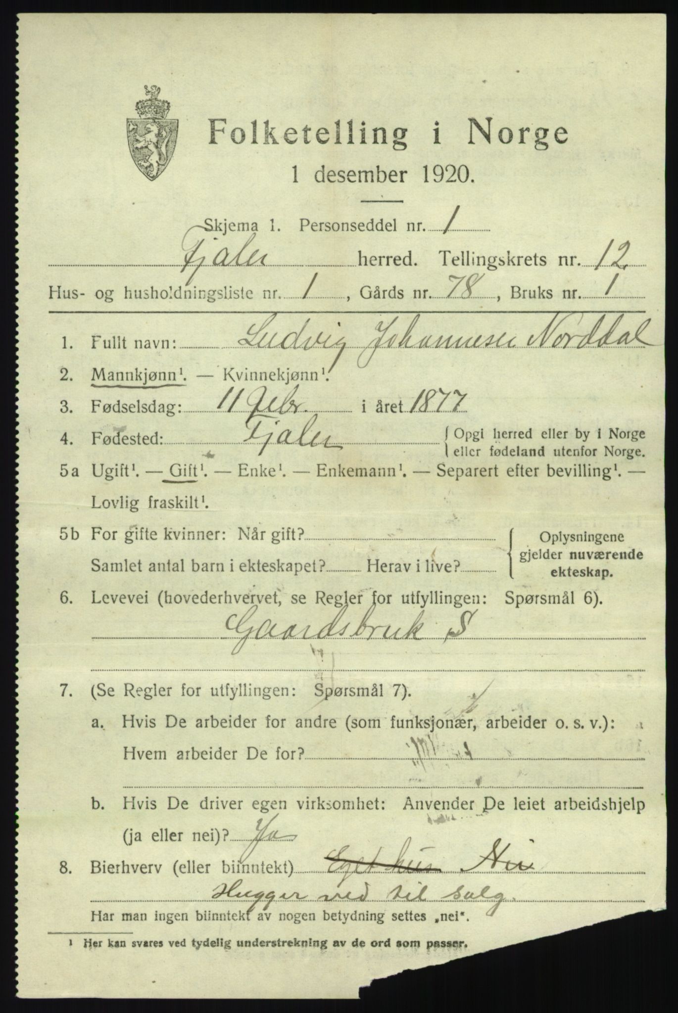 SAB, 1920 census for Fjaler, 1920, p. 6765