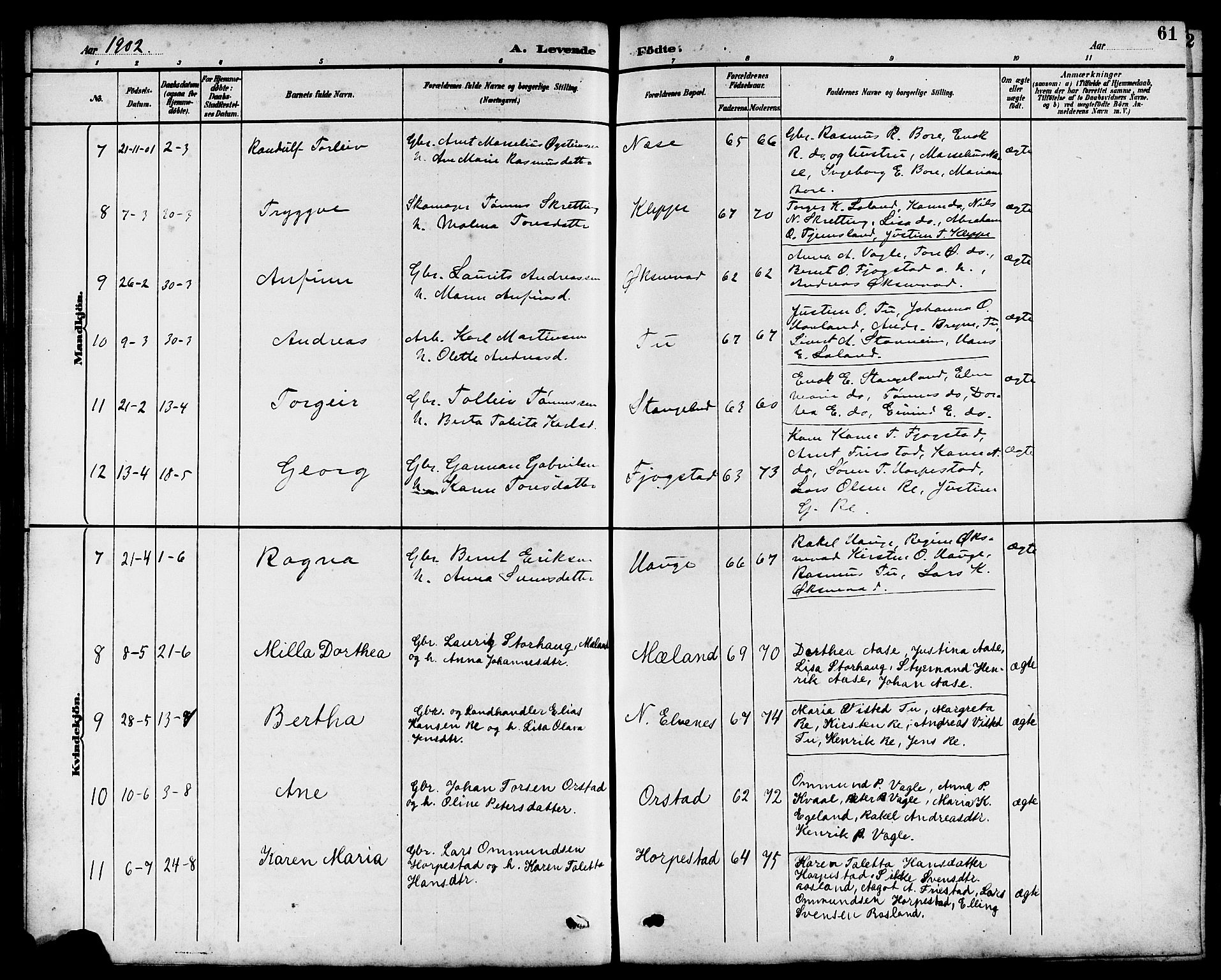 Klepp sokneprestkontor, SAST/A-101803/001/3/30BB/L0004: Parish register (copy) no. B 4, 1889-1914, p. 61