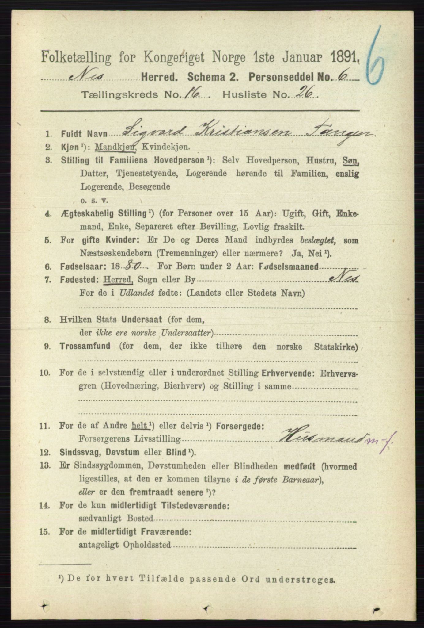 RA, 1891 census for 0236 Nes, 1891, p. 9709