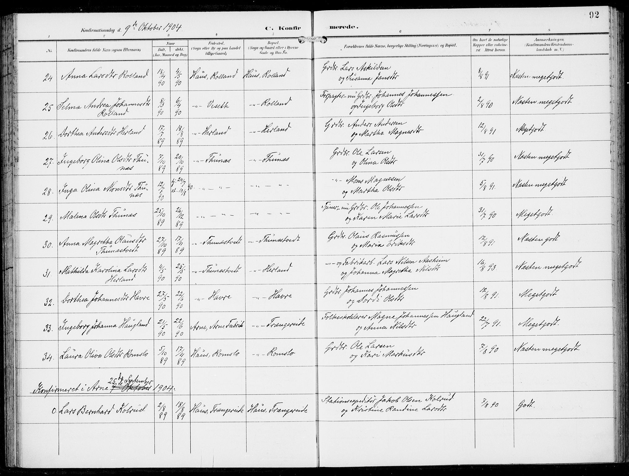Haus sokneprestembete, SAB/A-75601/H/Haa: Parish register (official) no. B  2, 1899-1912, p. 92
