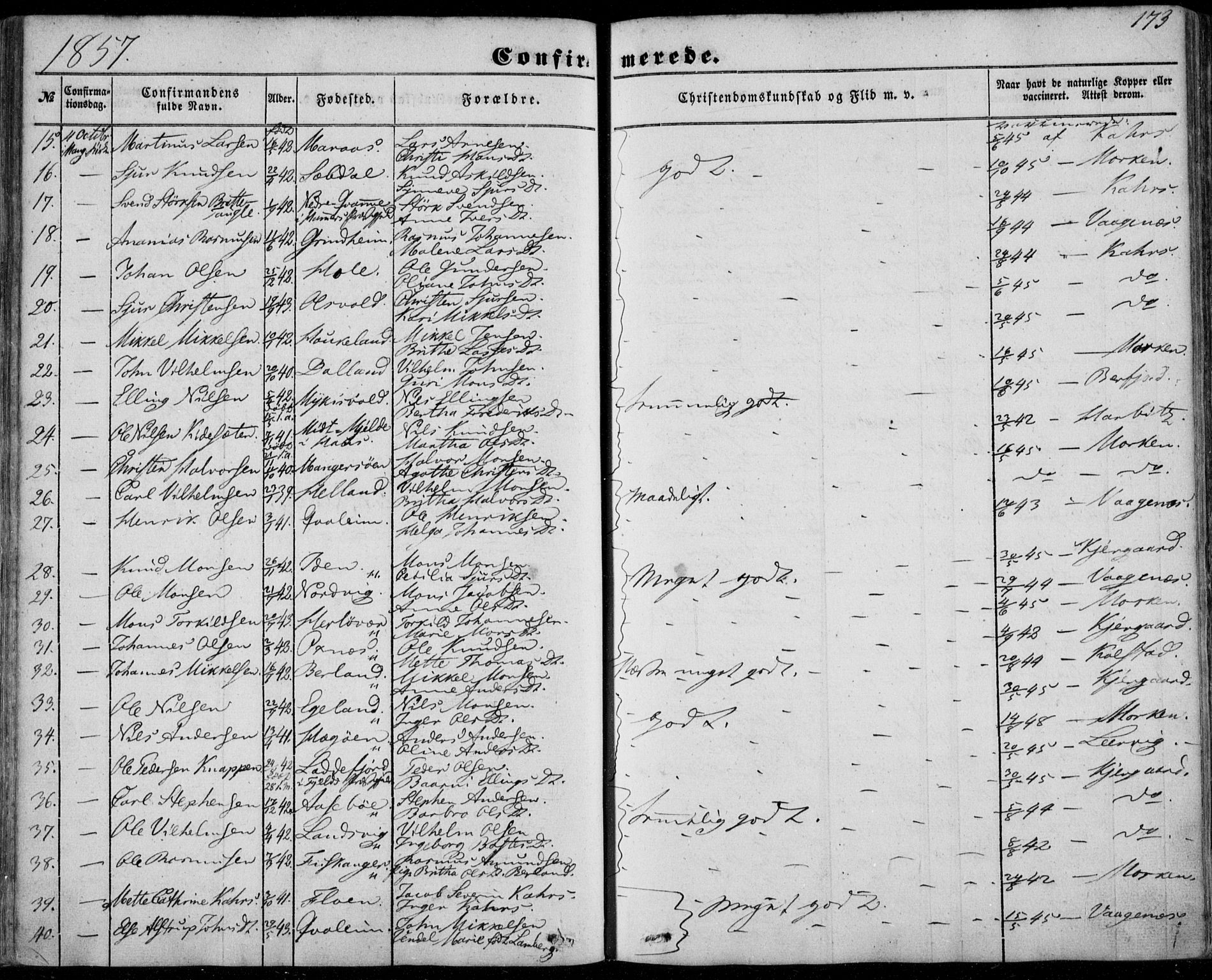 Manger sokneprestembete, AV/SAB-A-76801/H/Haa: Parish register (official) no. A 6, 1849-1859, p. 173