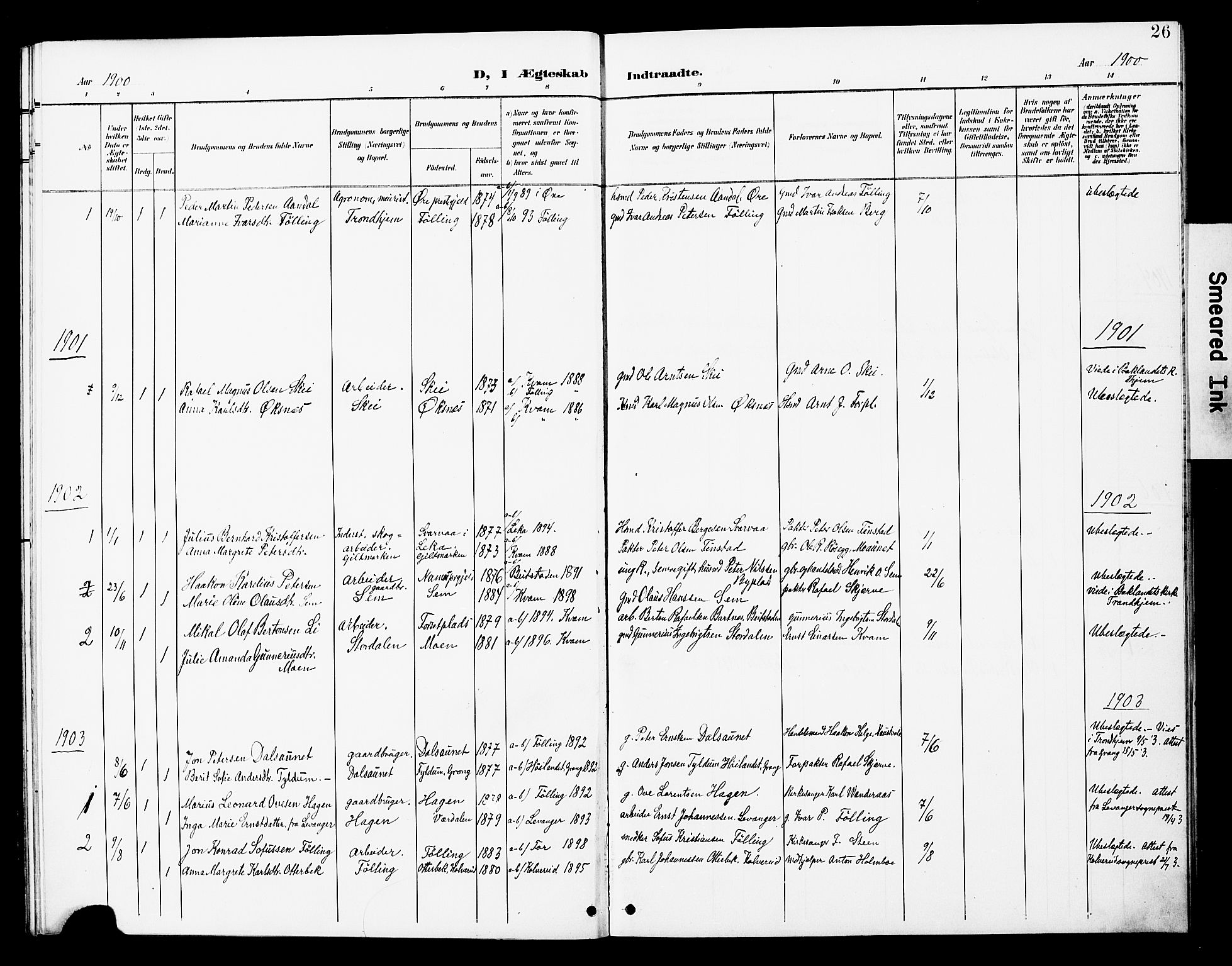 Ministerialprotokoller, klokkerbøker og fødselsregistre - Nord-Trøndelag, SAT/A-1458/748/L0464: Parish register (official) no. 748A01, 1900-1908, p. 26