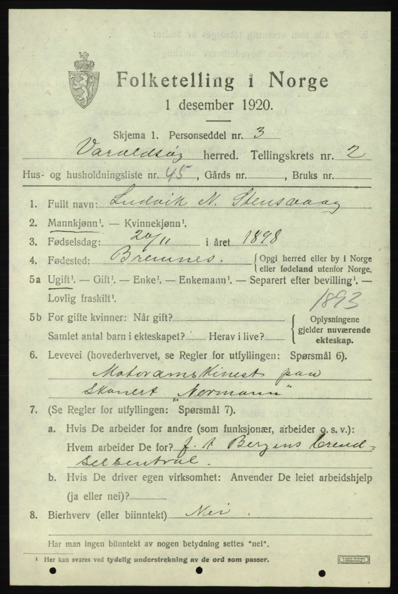 SAB, 1920 census for Varaldsøy, 1920, p. 1257