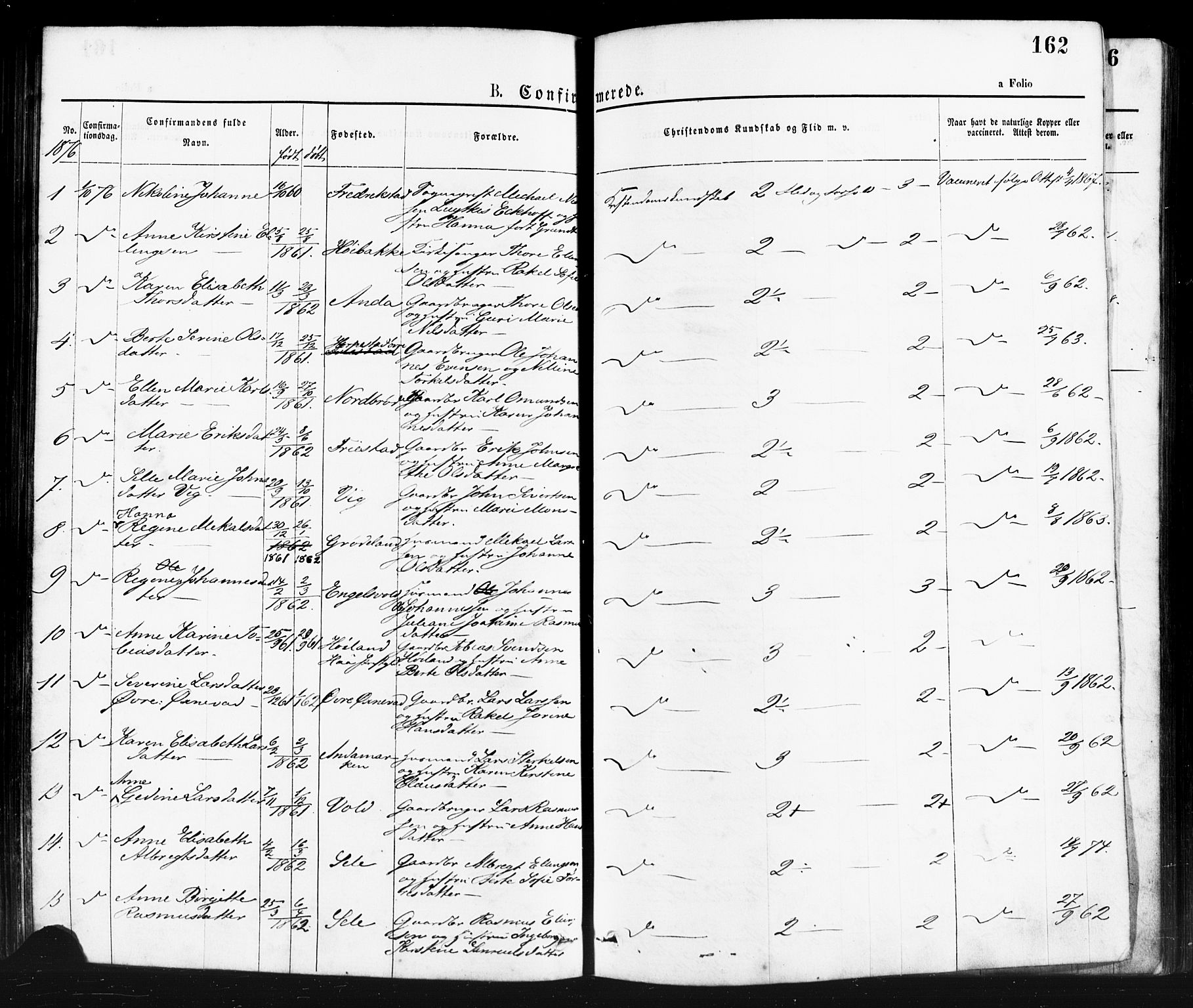 Klepp sokneprestkontor, AV/SAST-A-101803/001/3/30BA/L0006: Parish register (official) no. A 6, 1871-1885, p. 162