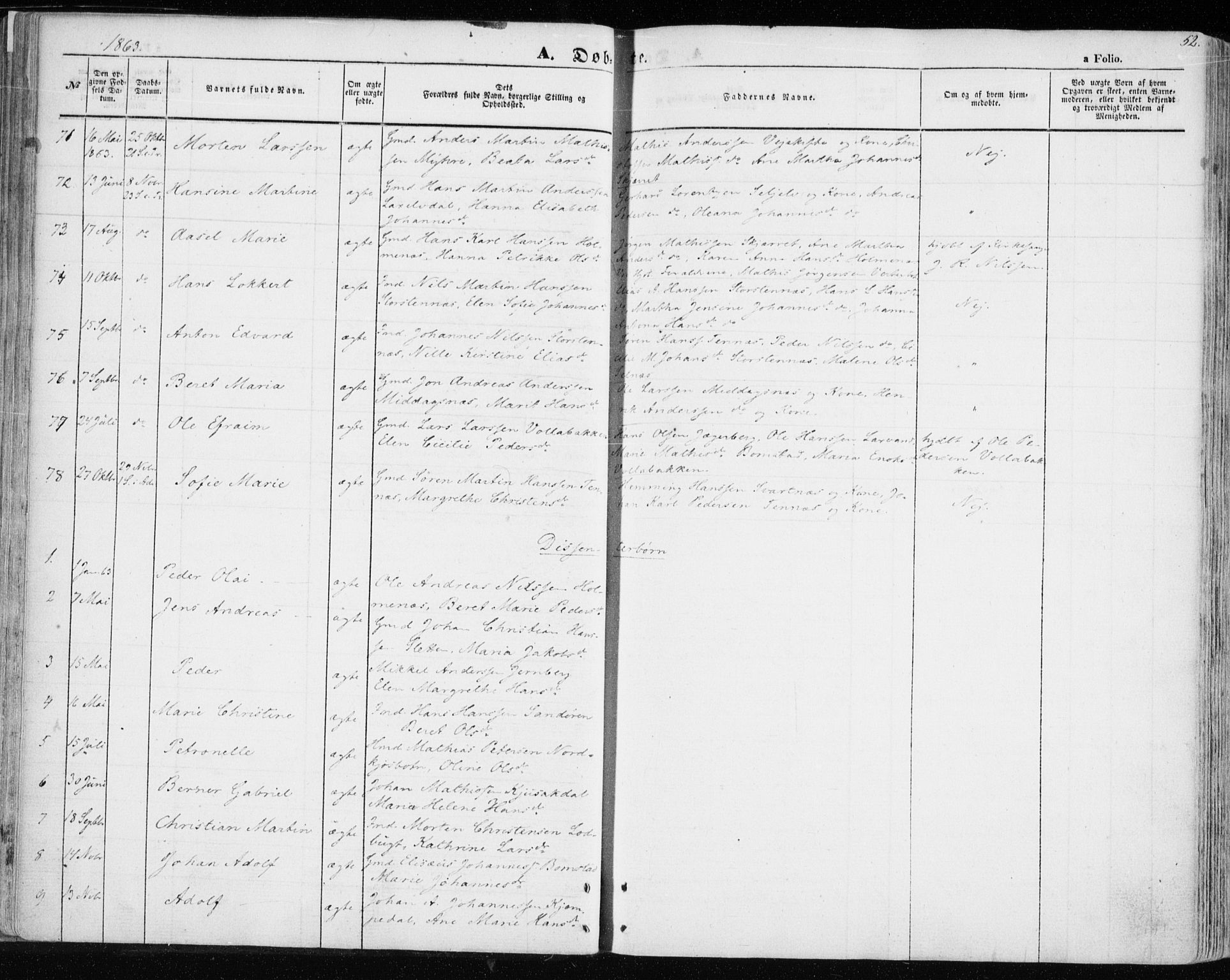 Balsfjord sokneprestembete, AV/SATØ-S-1303/G/Gaa/L0003kirke: Parish register (official) no. 3, 1856-1870, p. 52
