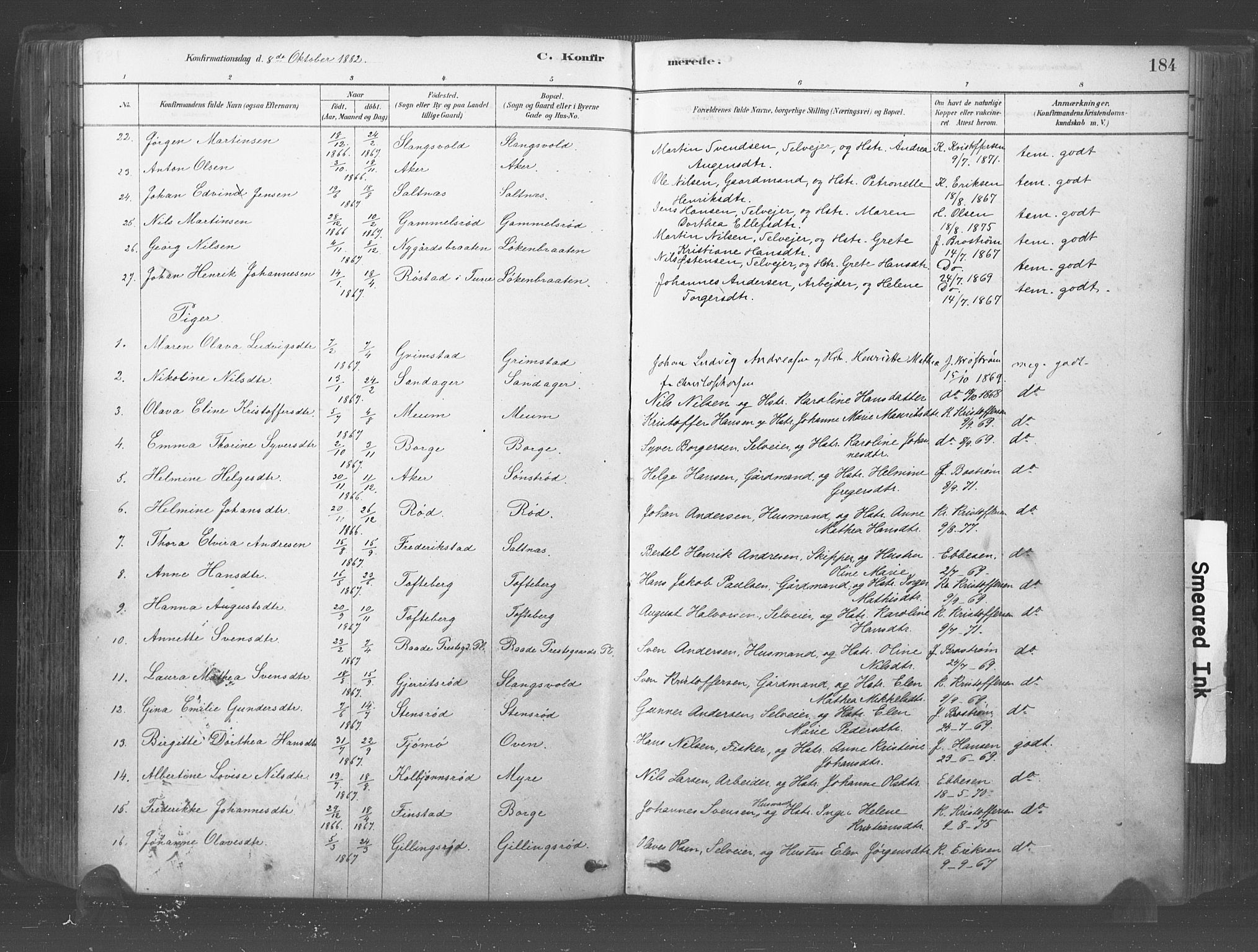 Råde prestekontor kirkebøker, AV/SAO-A-2009/F/Fa/L0007: Parish register (official) no. 7, 1878-1902, p. 184