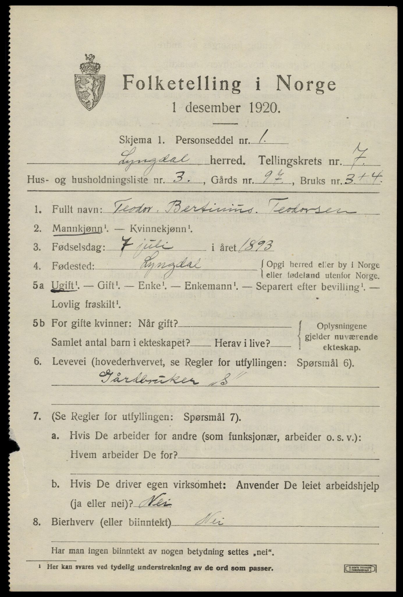 SAK, 1920 census for Lyngdal, 1920, p. 3935