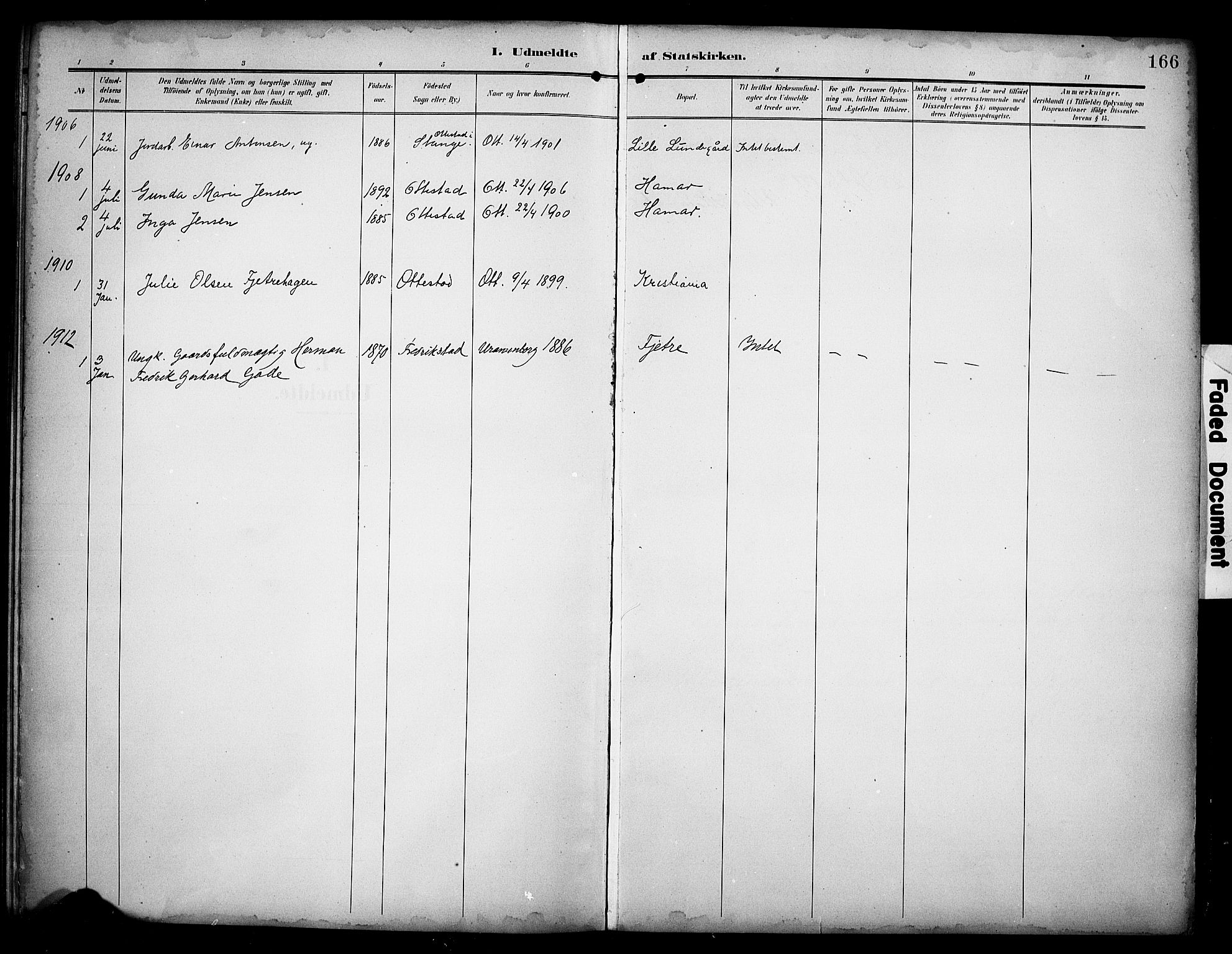 Stange prestekontor, SAH/PREST-002/K/L0022: Parish register (official) no. 22, 1903-1914, p. 166