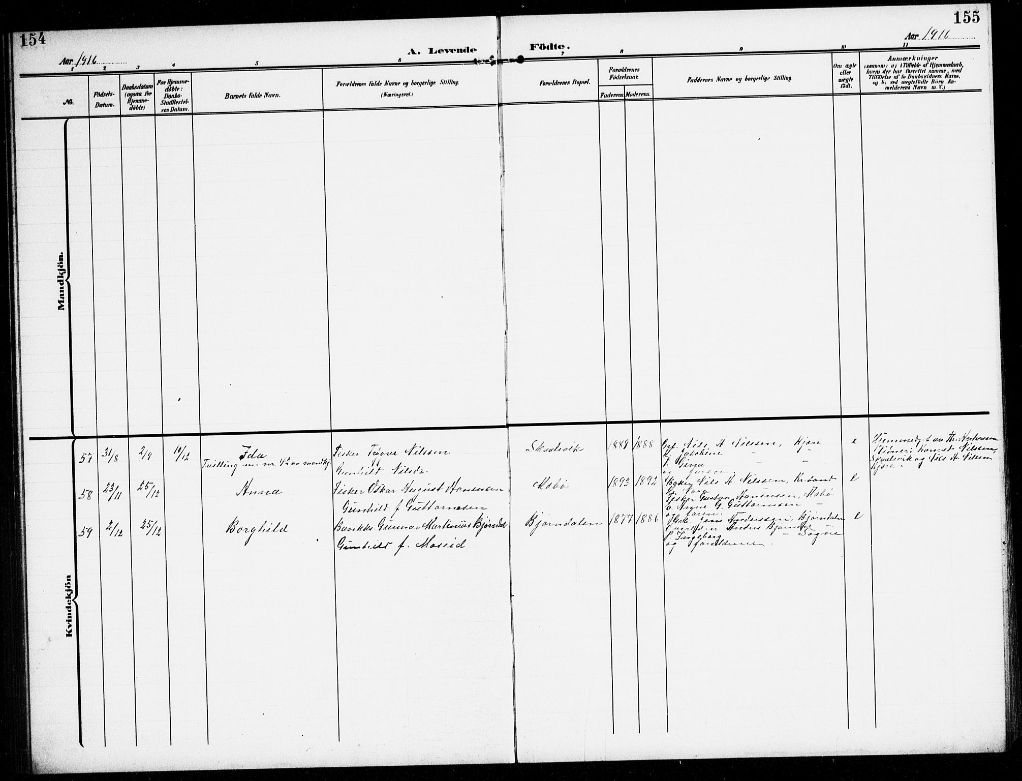 Oddernes sokneprestkontor, SAK/1111-0033/F/Fb/Fba/L0010: Parish register (copy) no. B 10, 1907-1941, p. 154-155