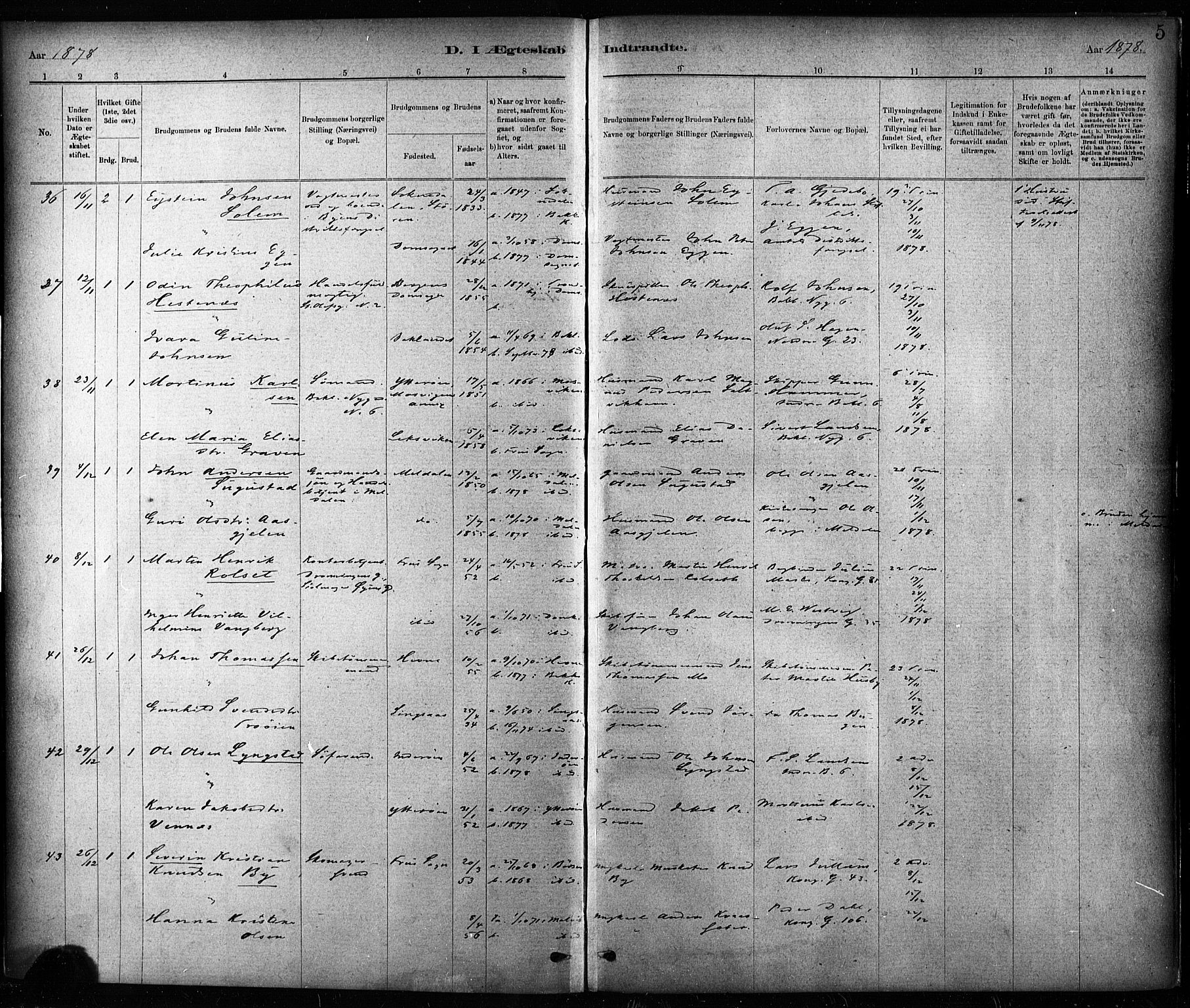 Ministerialprotokoller, klokkerbøker og fødselsregistre - Sør-Trøndelag, SAT/A-1456/604/L0189: Parish register (official) no. 604A10, 1878-1892, p. 5