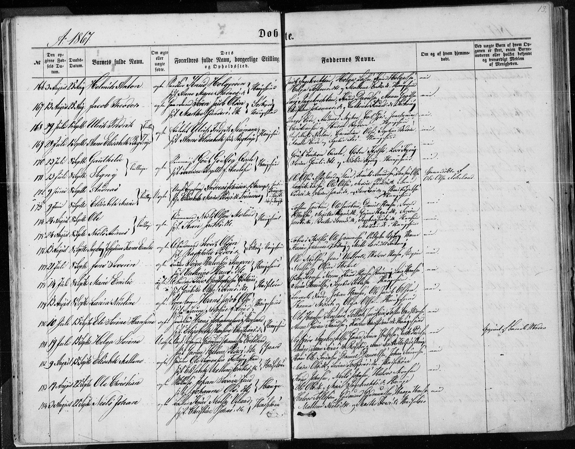 Torvastad sokneprestkontor, AV/SAST-A -101857/H/Ha/Haa/L0012: Parish register (official) no. A 12.1, 1867-1877, p. 13