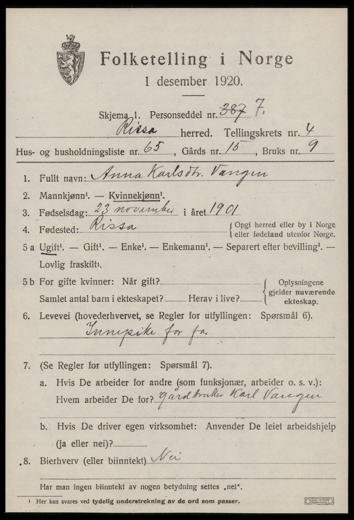 SAT, 1920 census for Rissa, 1920, p. 3721