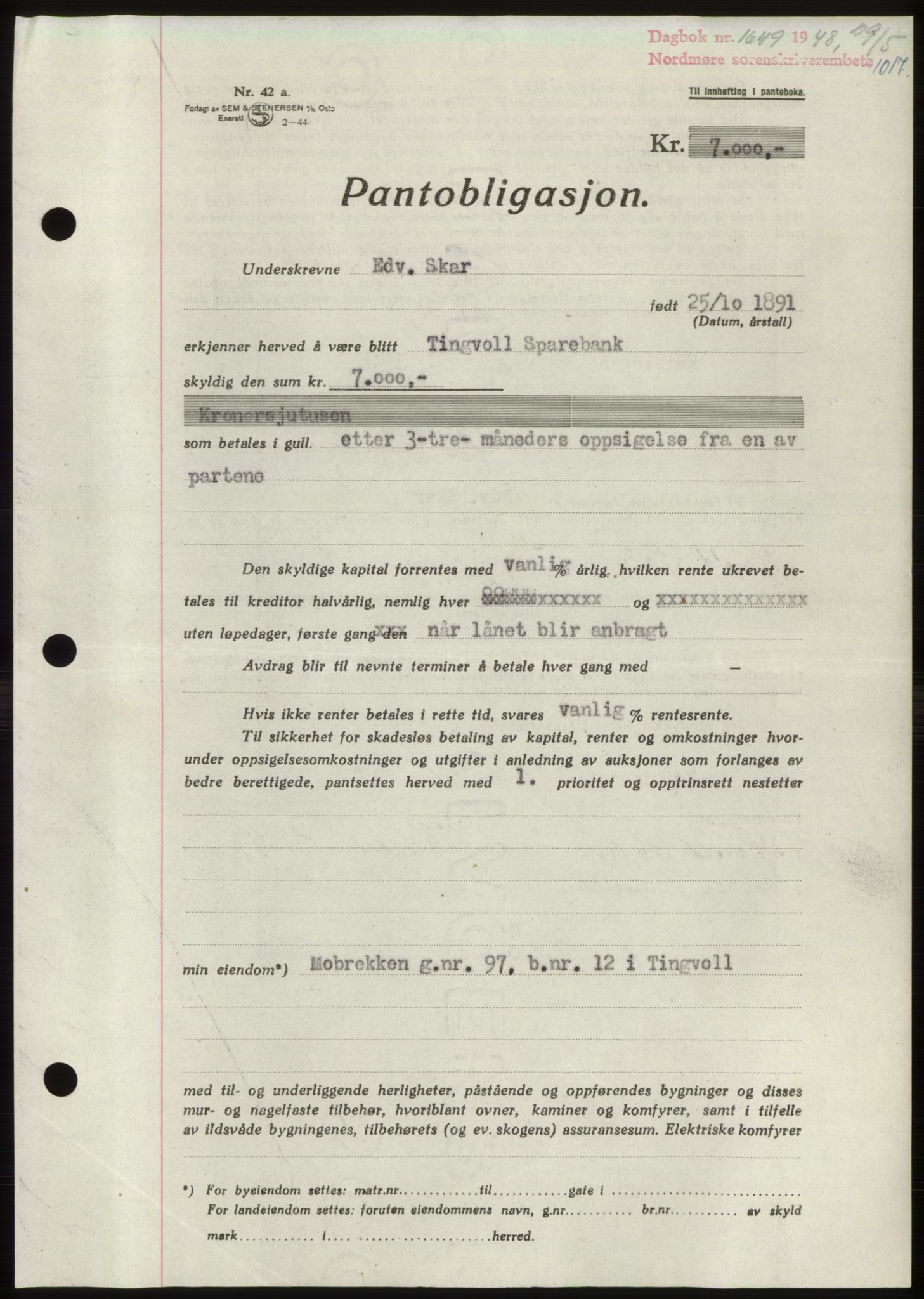 Nordmøre sorenskriveri, AV/SAT-A-4132/1/2/2Ca: Mortgage book no. B98, 1948-1948, Diary no: : 1649/1948