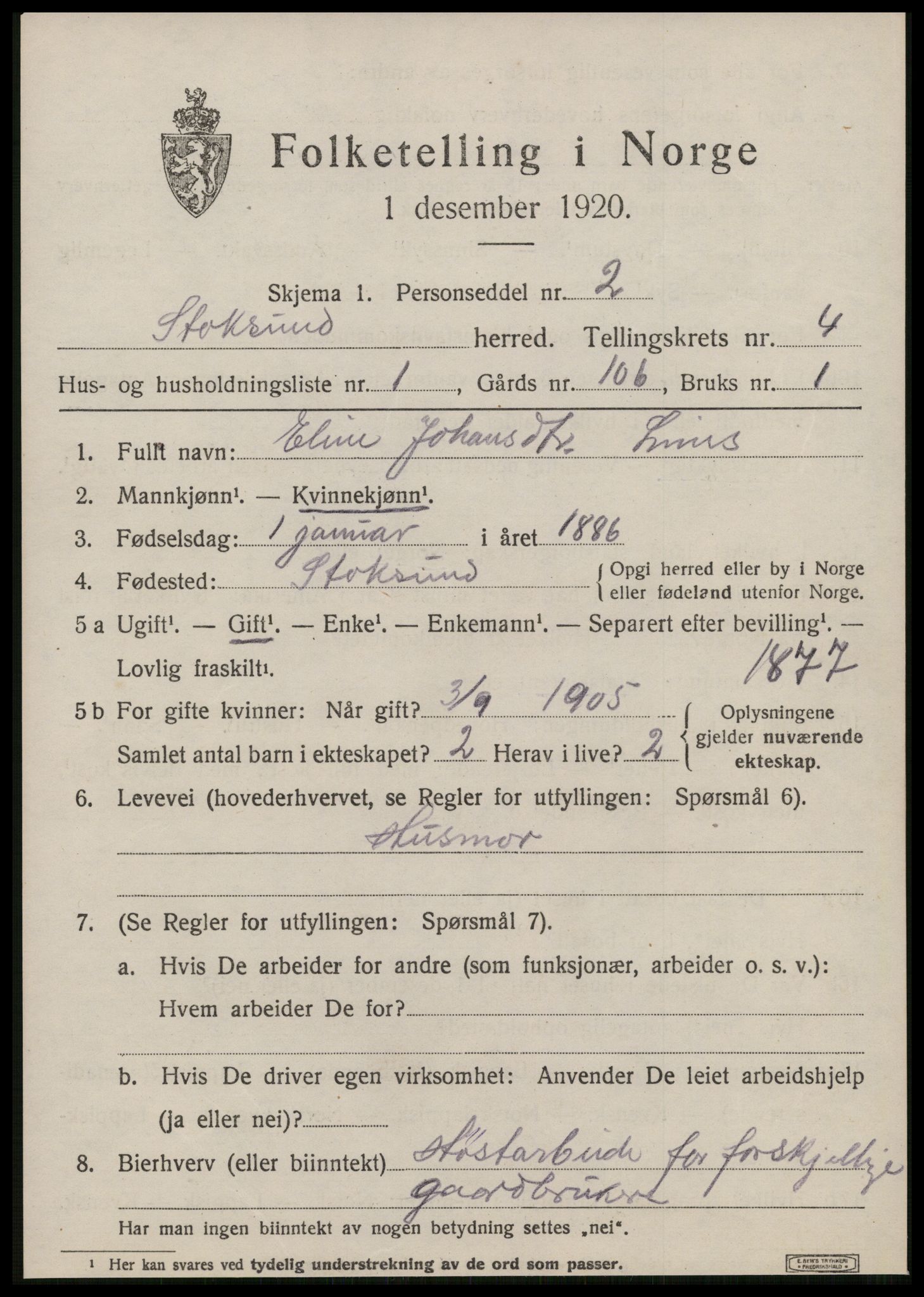 SAT, 1920 census for Stoksund, 1920, p. 1954