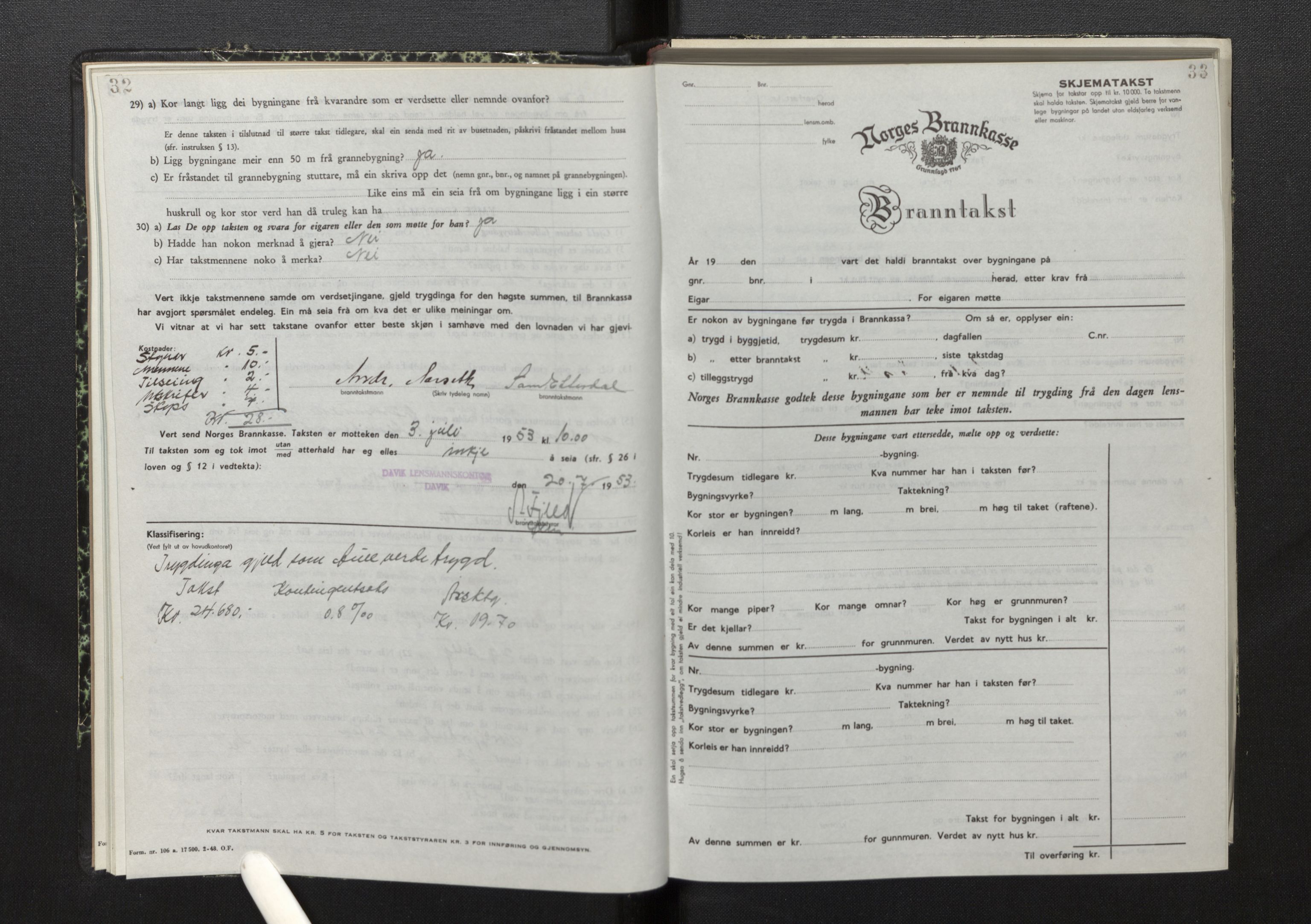 Lensmannen i Davik, AV/SAB-A-26801/0012/L0005: Branntakstprotokoll, skjematakst, 1950-1953, p. 32-33