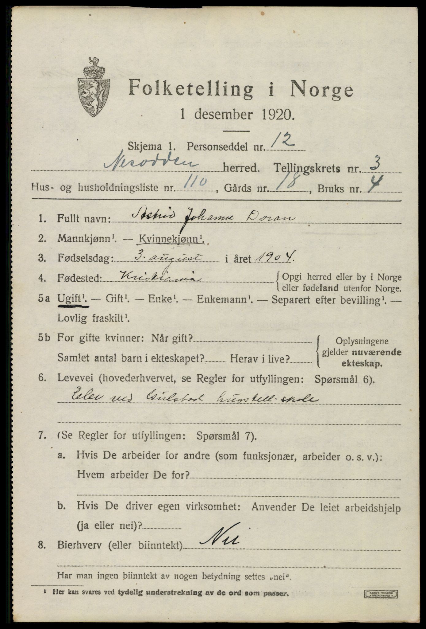 SAO, 1920 census for Nesodden, 1920, p. 3761