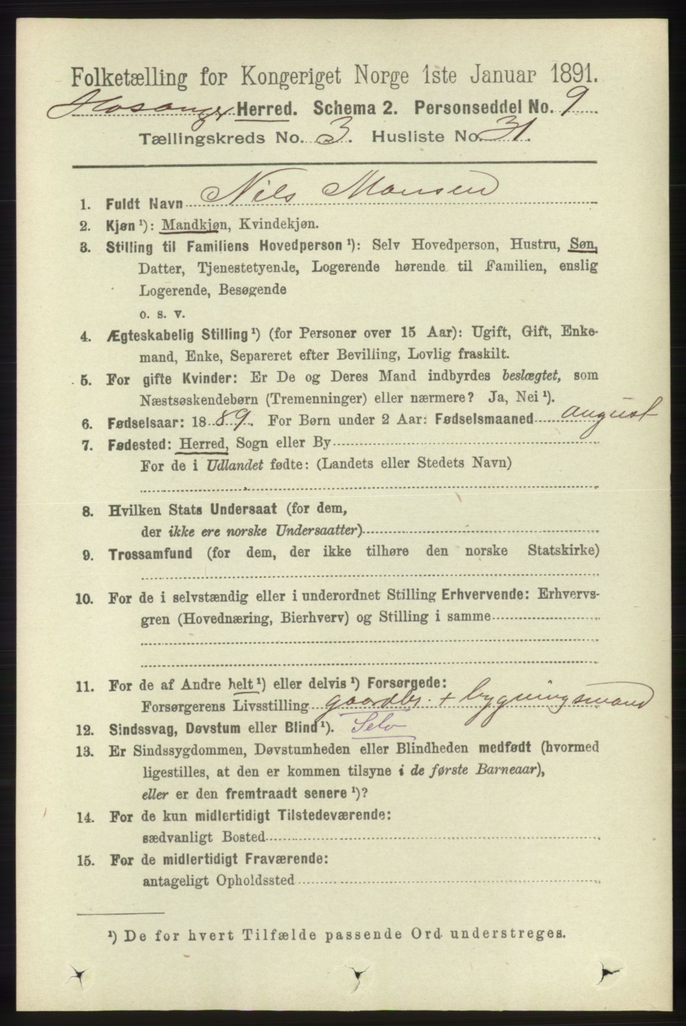 RA, 1891 census for 1253 Hosanger, 1891, p. 1230