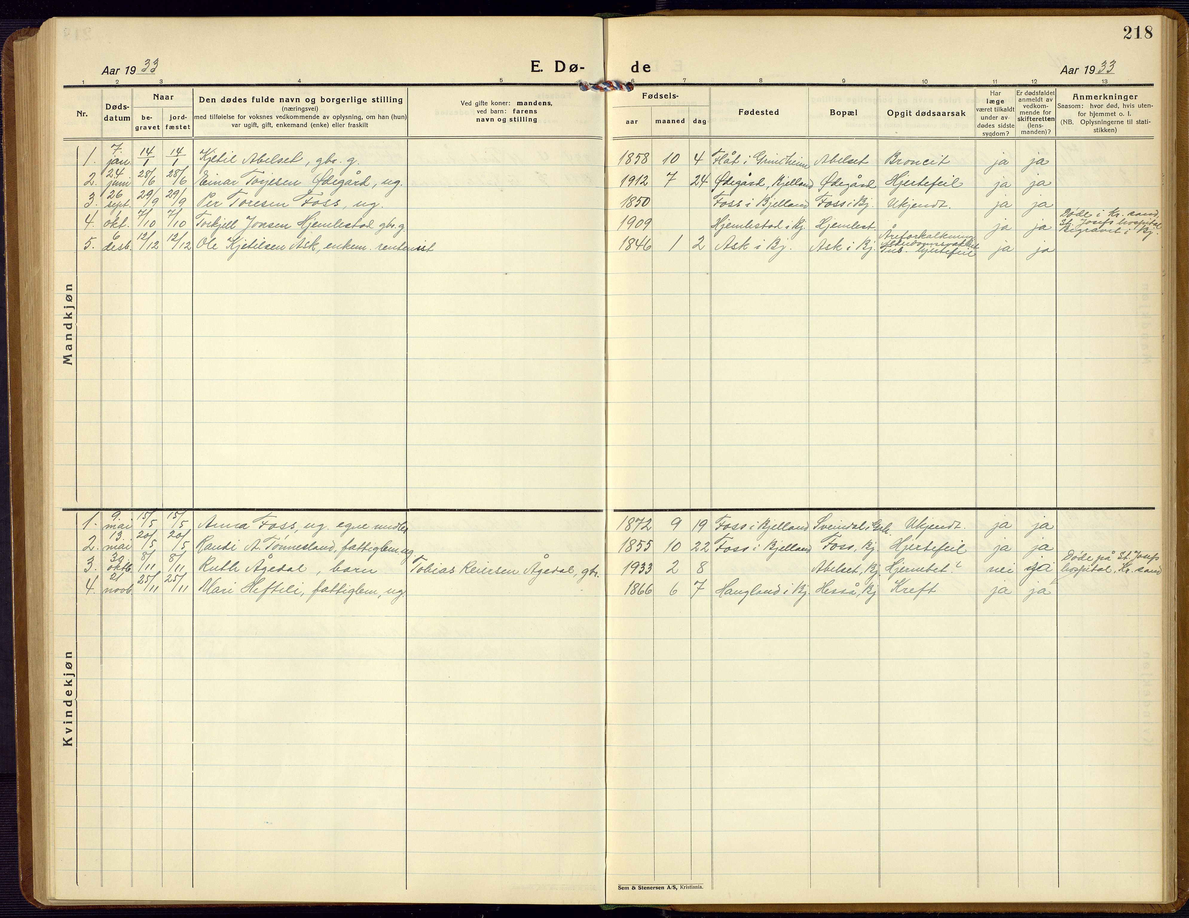 Bjelland sokneprestkontor, SAK/1111-0005/F/Fb/Fba/L0006: Parish register (copy) no. B 6, 1923-1956, p. 218