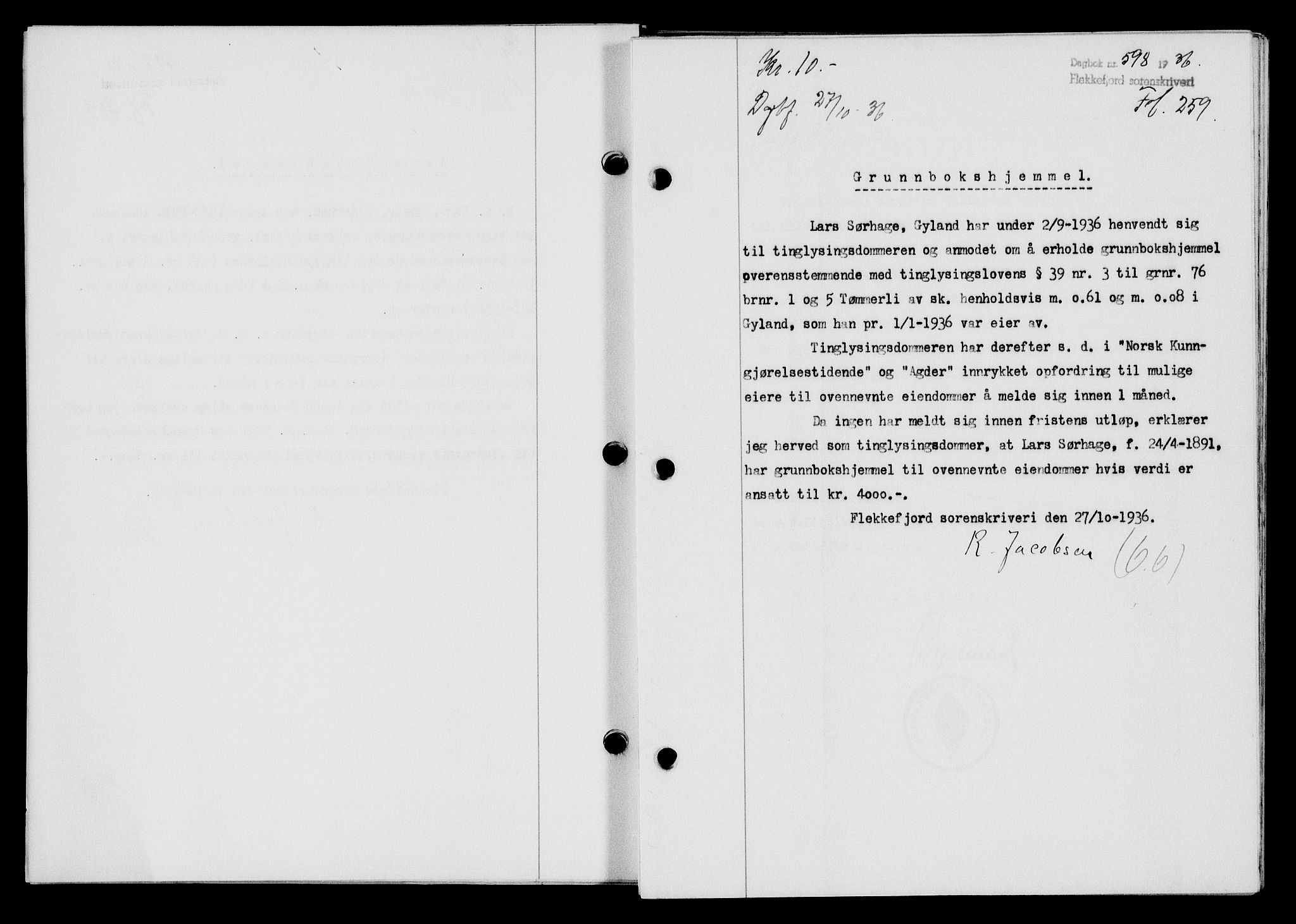 Flekkefjord sorenskriveri, SAK/1221-0001/G/Gb/Gba/L0053: Mortgage book no. A-1, 1936-1937, Diary no: : 598/1936