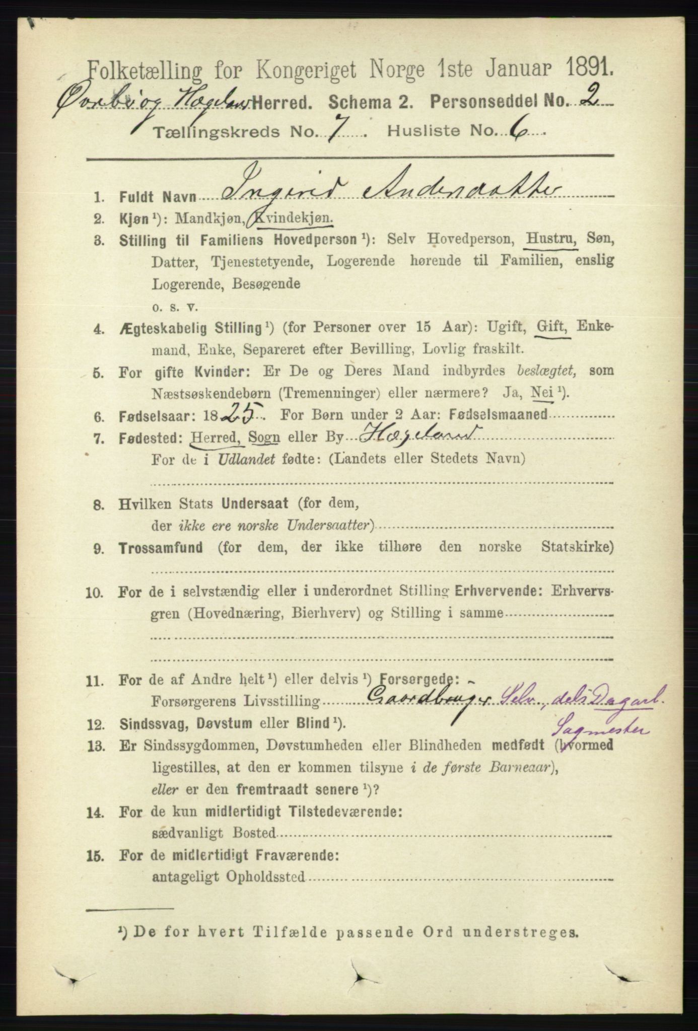 RA, 1891 census for 1016 Øvrebø og Hægeland, 1891, p. 1367