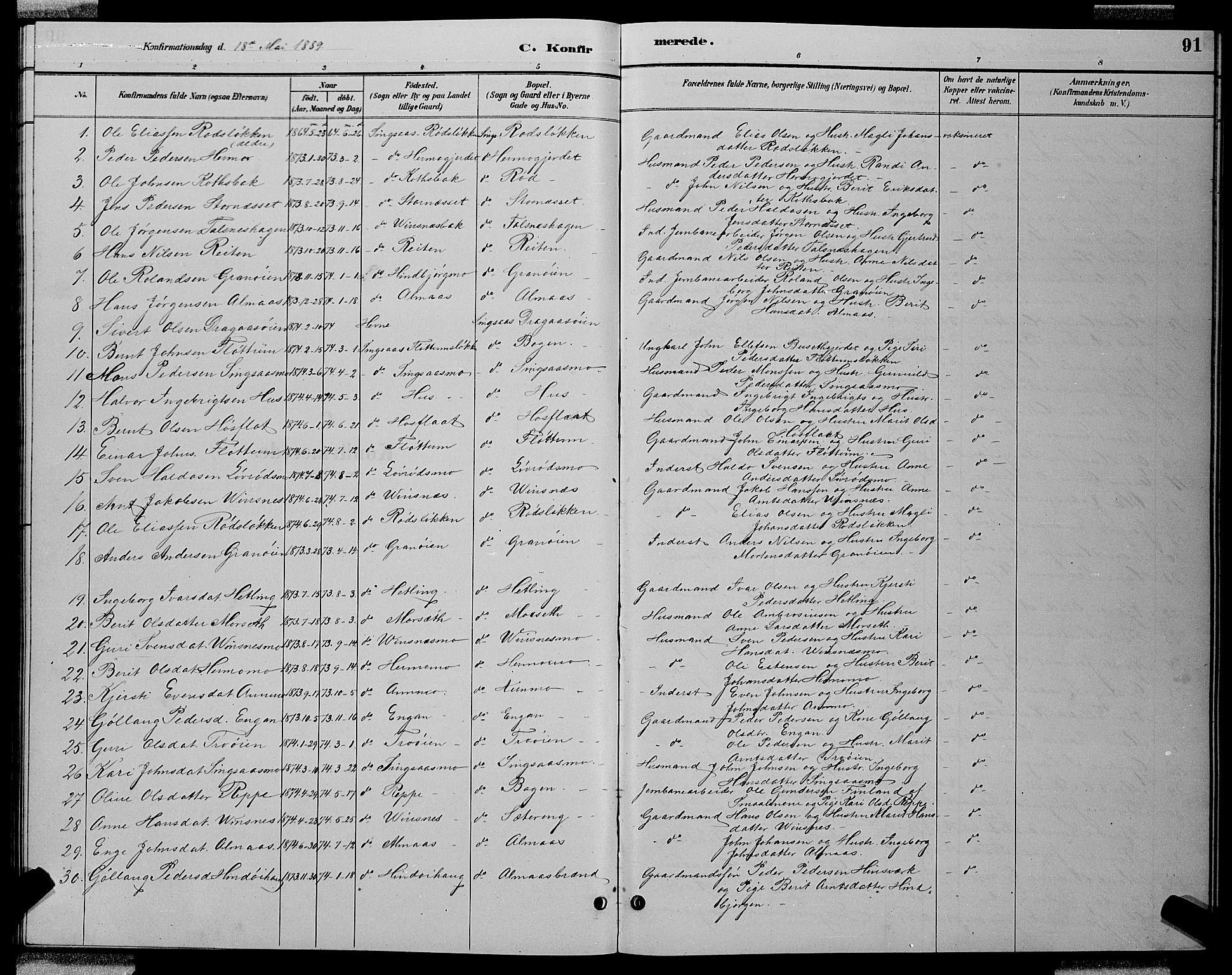 Ministerialprotokoller, klokkerbøker og fødselsregistre - Sør-Trøndelag, SAT/A-1456/688/L1028: Parish register (copy) no. 688C03, 1889-1899, p. 91