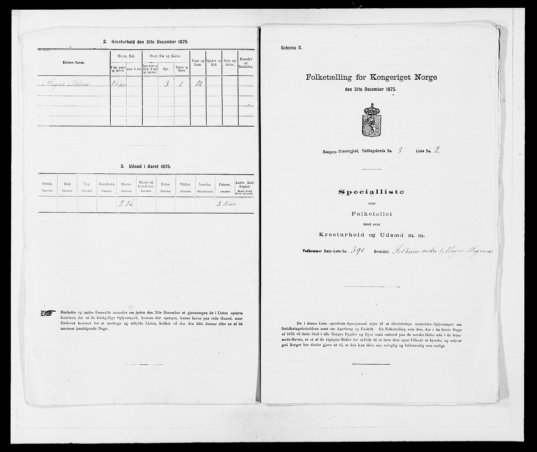 SAB, 1875 census for 1261P Manger, 1875, p. 1158